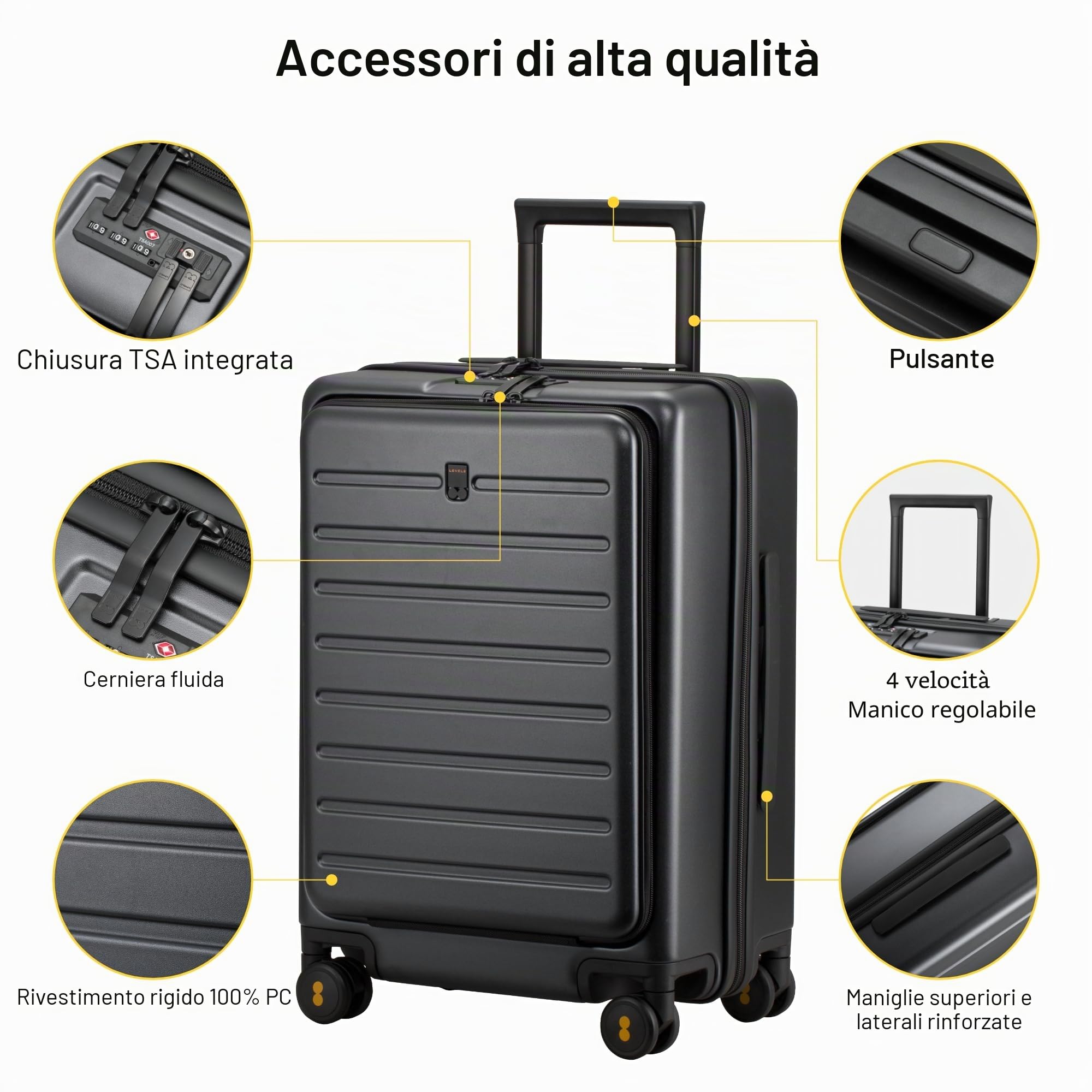 LEVEL8 Trolley Bagaglio a Mano con Tasca Frontale per Laptop, Valigia Trolley Rigido Ultra Leggero in PC Valigie con Chiusura TSA e 4 Ruote Doppie Girevoli, 55CM, 40L, Grigio