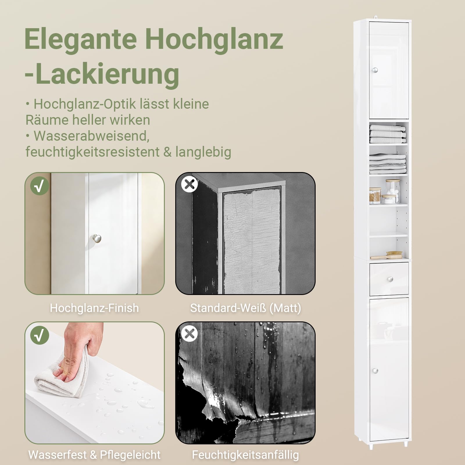 SoBuy Hochglanz Badezimmerschrank Schmal Hochschrank Bad 20x20x180 cm Weiß | Platzsparender Nischenschrank Badezimmer mit Verstellbarem Boden & Schublade BZR167-GW