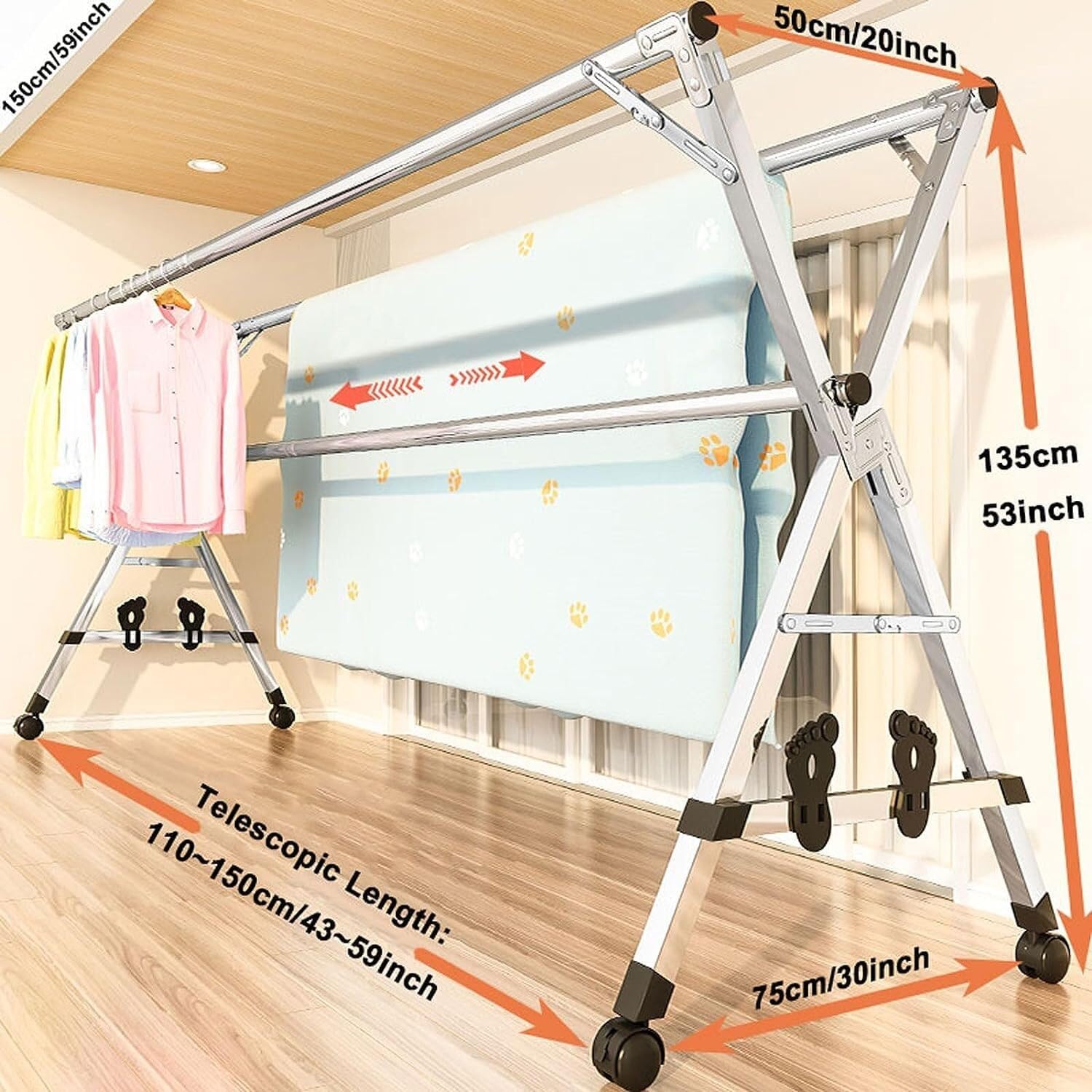 Laundry Rack Clothes Drying Rack Clothes Airer Adjustable Clothes Drying Rack Folding Foldable Laundry Rack Stainless Steel Hanger Rack with Universal Wheel Clothing Dryi