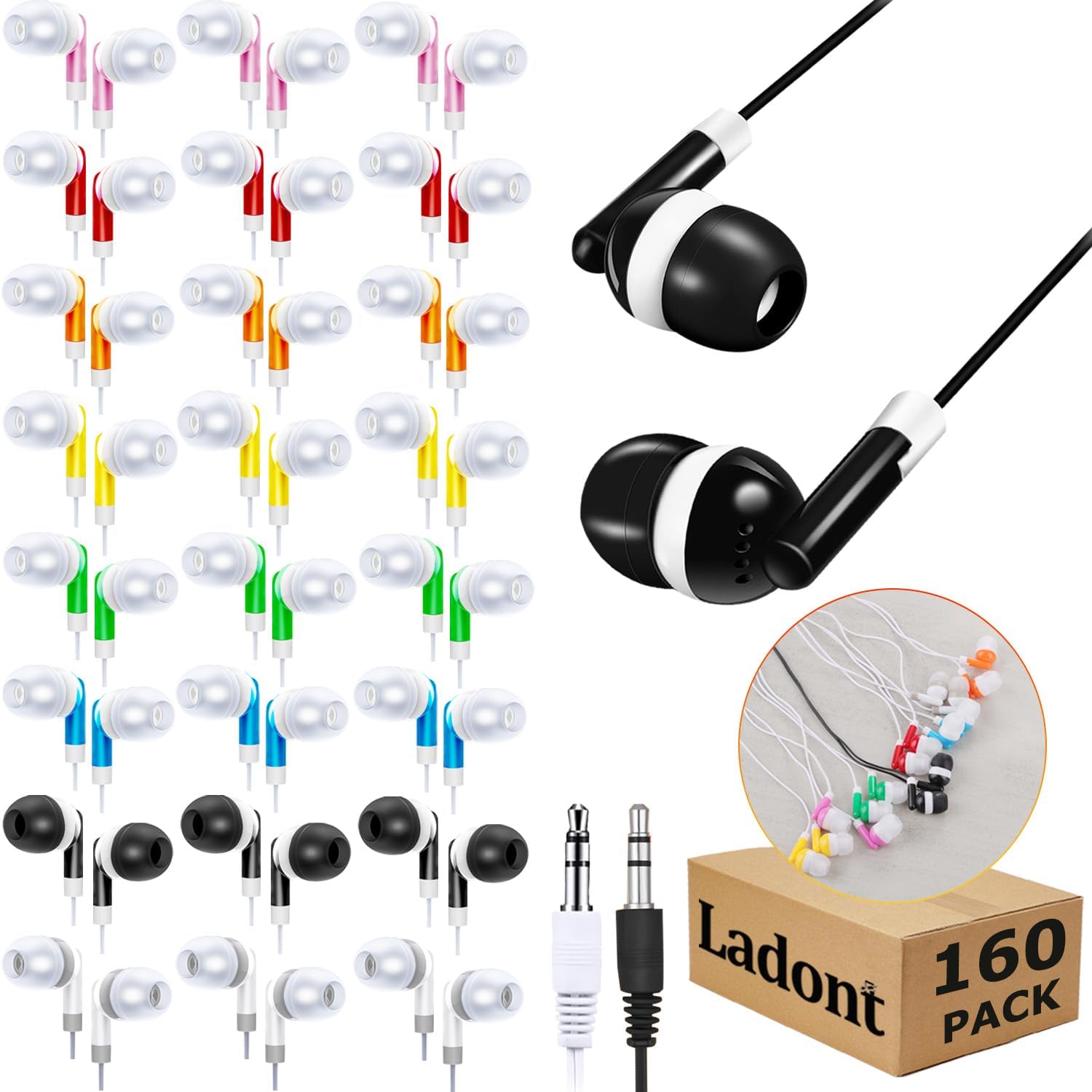 160 Pack Bulk Kids Earbuds for Classroom, Student Wired Headphones in Ear Earbuds for School Library, 3.5mm Multi Colored Wholesale Earphones for Chromebook Laptop PC