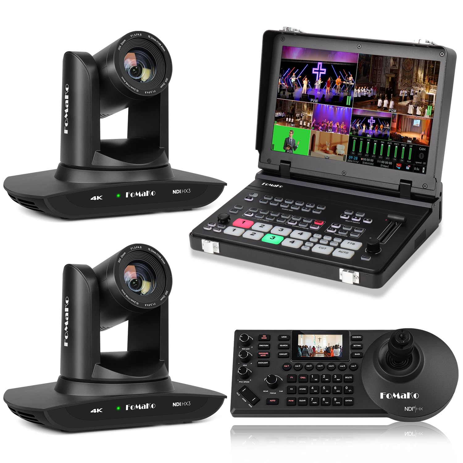 FoMaKo K30NS 4K 30x Optical Zoom PTZ Camera with NDI 6 &amp; NDI HX3, AI Auto-Tracking Gen 3,Suitable for Weddings,Birthday Parties and Anniversary Celebrations Live Streaming(K30NSX2+M5+KC608 Pro)