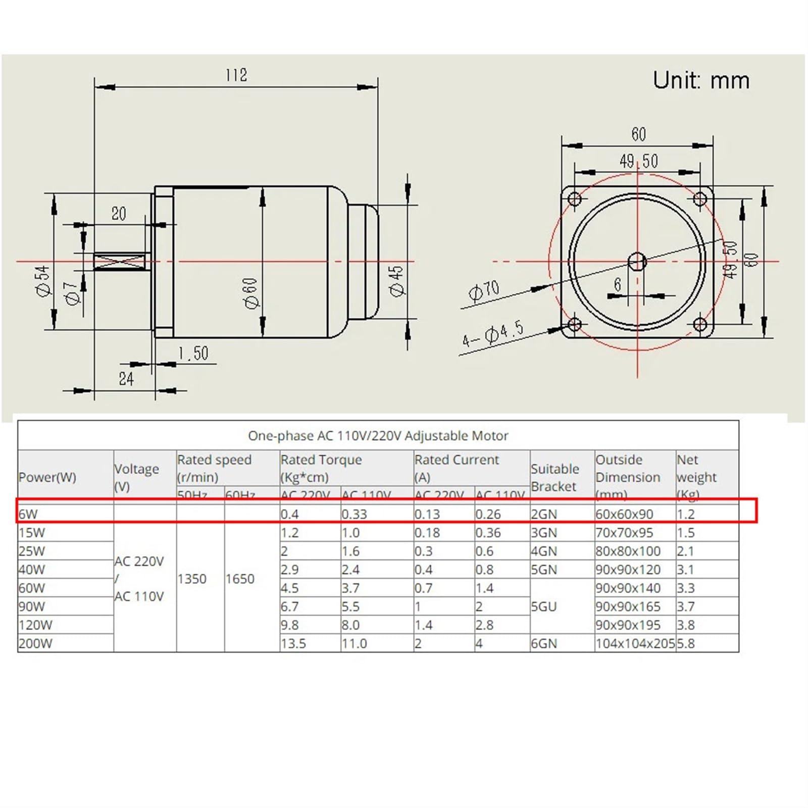 Motor ajustable de velocidad monofásico, 6W, 110V, 220V CA, marco de 60x60mm, Control de velocidad, Motor reductor con controlador de velocidad CW CCW Reducción de par(220V)