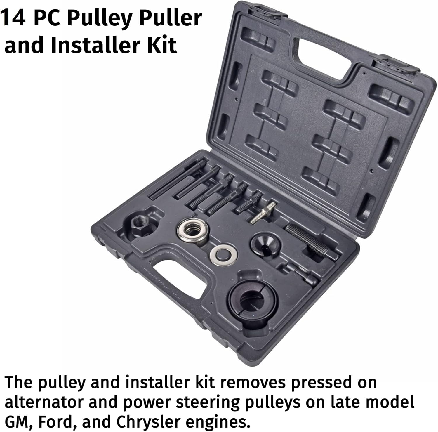 A A IN 14 PCS Power Steering Line Disconnect Pulley Puller Remove and Install Tool Kit for Water Vacuum Pump, Alternator pulleys Installation Remover for GM/FORD/CHRYSLER, MK27A