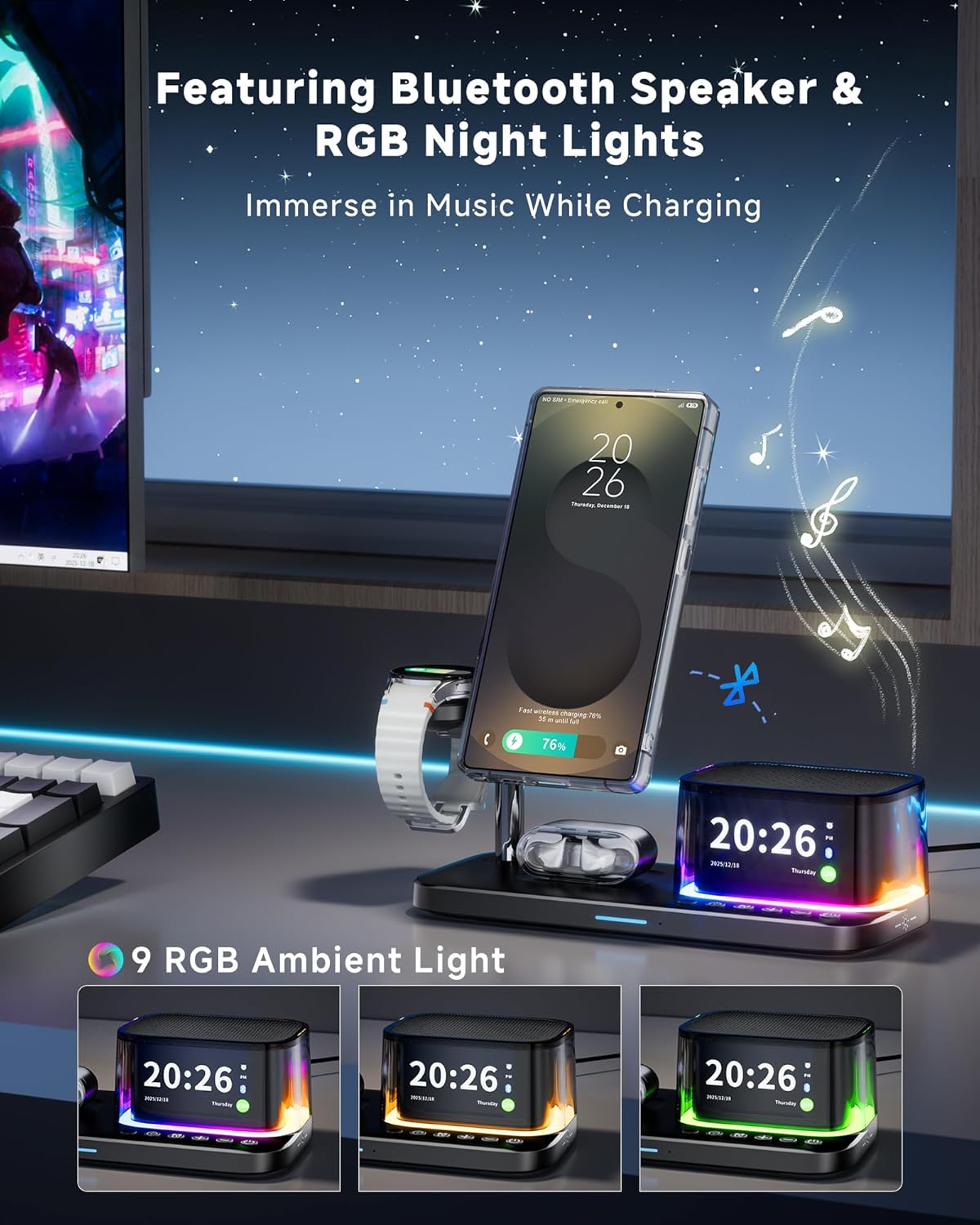 Qi2.2 25W Magnetic Charging Station for Samsung Galaxy S26 Ultra, 6-in-1 Fast Mag-Safe Wireless Charger for S25/Z Fold7,Alarm Clock/Night Light/Bluetooth Speaker,for Galaxy Watch Ultra 8 7, Buds4 Pro - Image 8