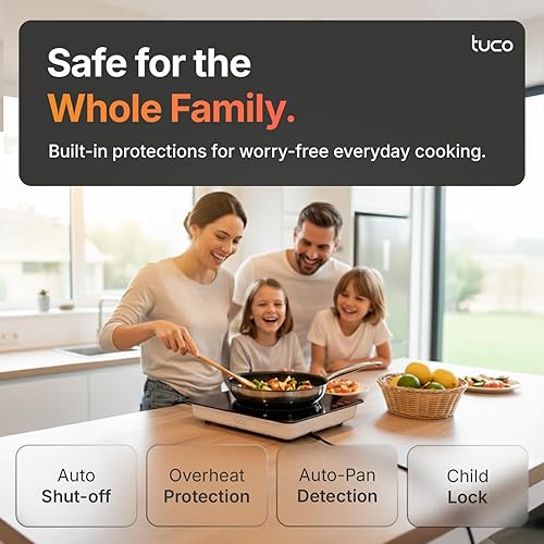 Miniatura 8 de TUCO Estufa eléctrica de placa de inducción portátil con vidrio de cerámica inastillable, sensor LCD táctil, certificado ETL, 20 modos de cocción,