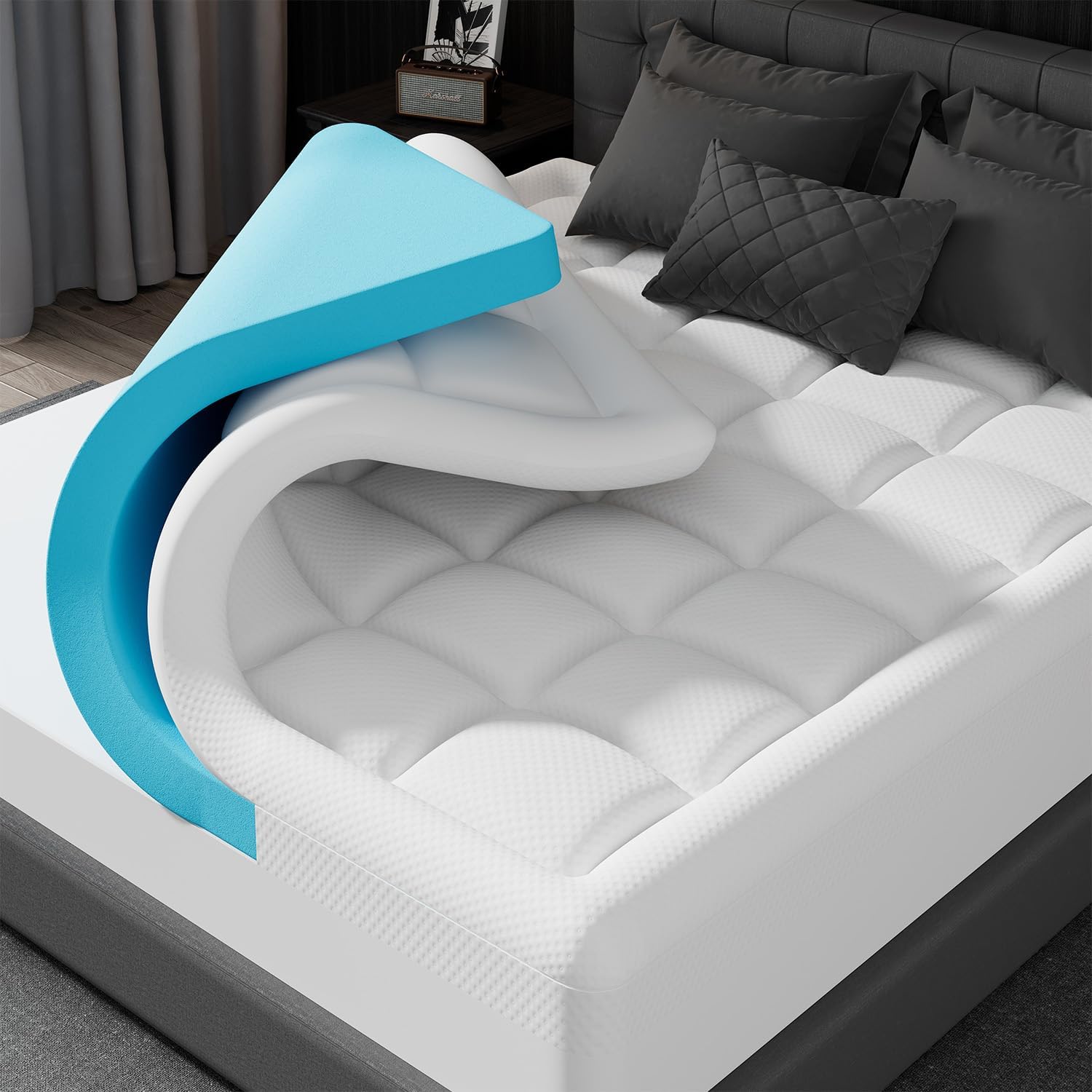 ELEMUSE King Size Dual Layer 3 Inch Memory Foam Mattress Topper for Pressure Relief, Breathable Pillow Top Mattress Pad with Deep Pocket, Enhanced Support, Non-Slip Design & Removable & Washable ELEMUSE King Size Dual Layer 3 Inch Memory Foam Mattress Topper for Pressure Relief, Breathable Pillow Top Mattress Pad with Deep Pocket, Enhanced Support, Non-Slip Design & Removable & Washable