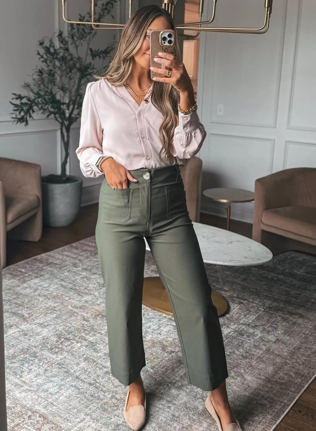 miduo Womens High Waisted Cropped Wide Leg Stretchy Straight Pants Trousers with Pockets - Image 2