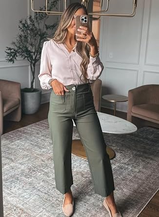 miduo Womens High Waisted Cropped Wide Leg Stretchy Straight Pants Trousers with Pockets