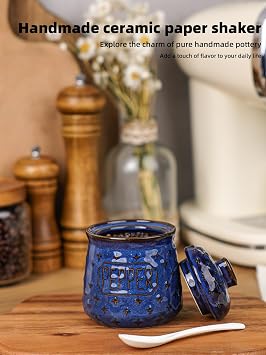Pepper Bowl with Lid and Spoon, 10 oz Ceramic Seasoning Jar (Vintage Blue)
