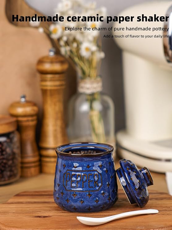 Pepper Bowl with Lid and Spoon, 10 oz Ceramic Seasoning Jar (Vintage Blue)