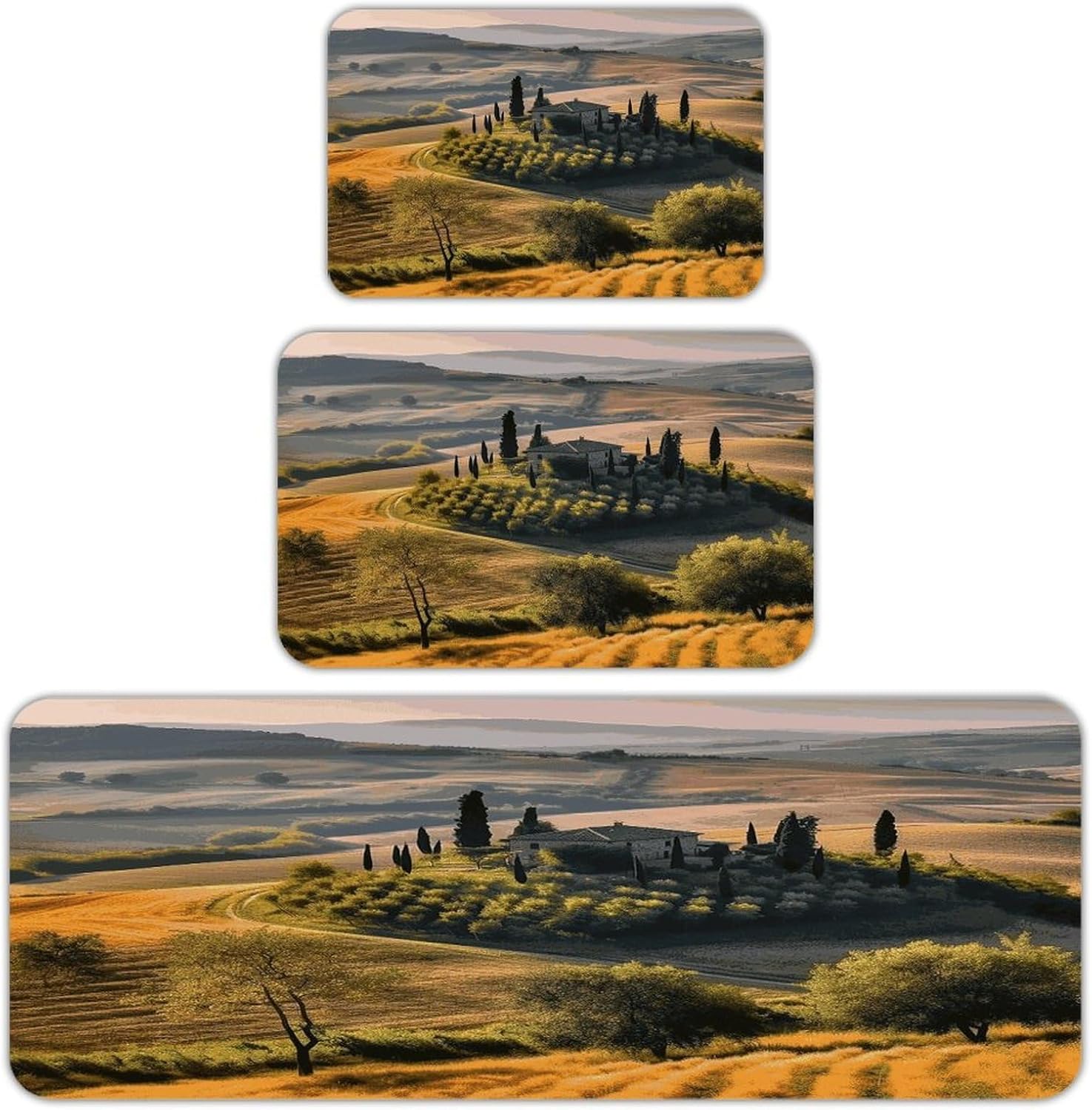 Tuscany Landscape Tree Scenery Farm Kitchen Mats Soft Absorbent Rugs for Floor Non Slip Washable Kitchen Mats Fashion Rectangular Rugs for Three-Piece Set for Laundry Office Home Sink