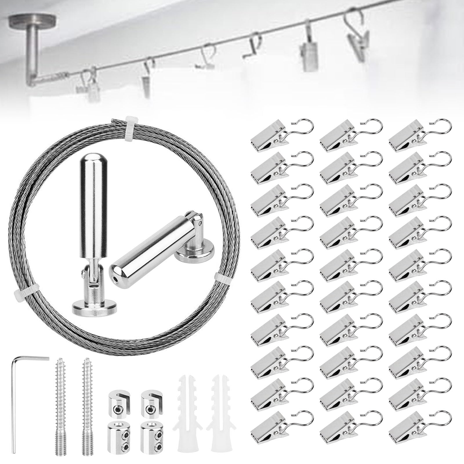 Cavo Metallico per Tende,Filo per Tende in Acciaio Inossidabile da 5m,Cavo di Tensione Della Tenda con 30 Pz Gancio per Appendere Tende Da Doccia, Foto, Artigianato