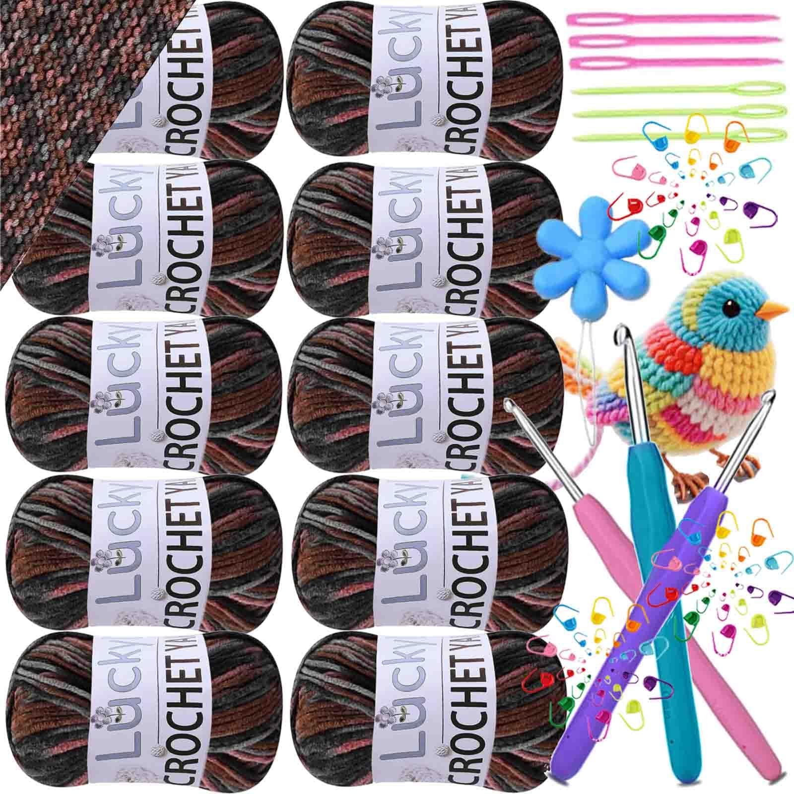 Crochet Yarn Double Knitting Wool (10X50g), Multicoloured Acrylic Yarn Crochet Wool with Aluminum Crochet Hooks Stitch Markers for DIY Amigurumi Craft Blankets Socks Dolls (09 Pink Coffee Grey)
