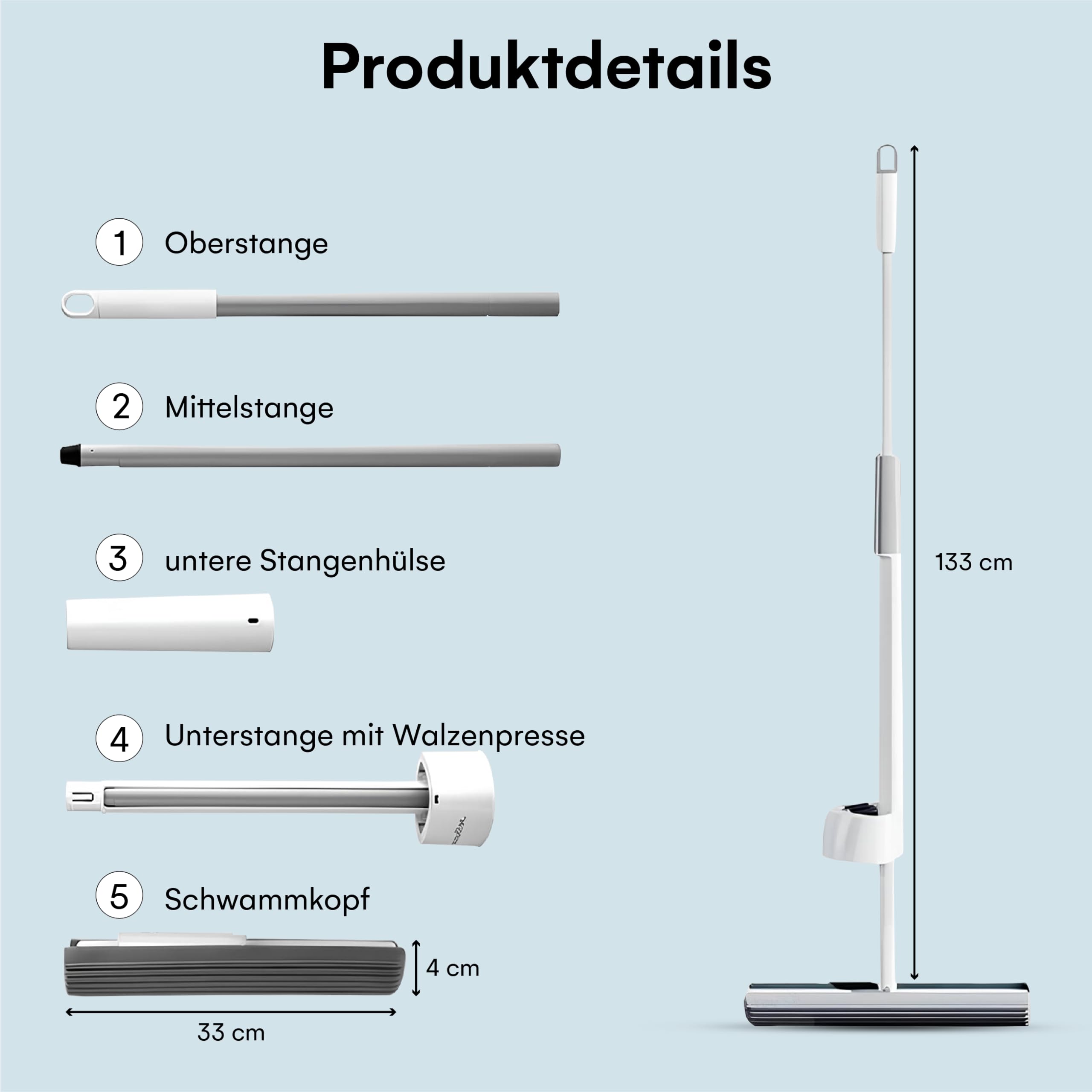 Mop z Funkcją Wyciśnięcia i 4 Rolkami - Do Wycierania Na Sucho i Na Mokro, Łatwe Czyszczenie Narożników, Chłonna Gąbka - Do Podłóg Twardych i Sierści Zwierząt