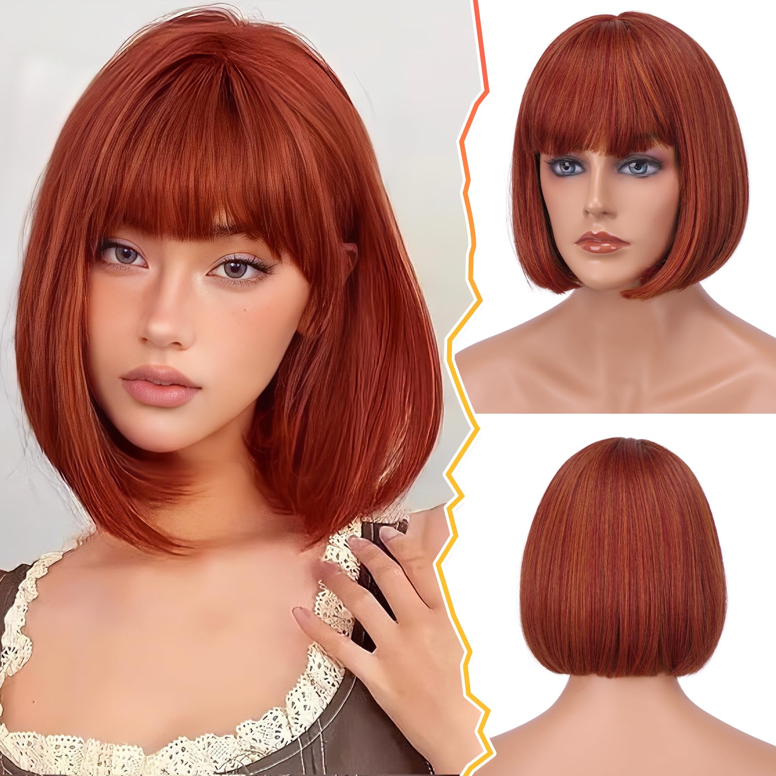 BARSDAR Courte Cuivré Bob Perruque avec Franges, Courte Bob Auburn Perruque avec Franges pour Femmes 30cm Chic Longueur Synthétiques Perruques D'aspect Naturel Fêtes Halloween Bobs Perruques