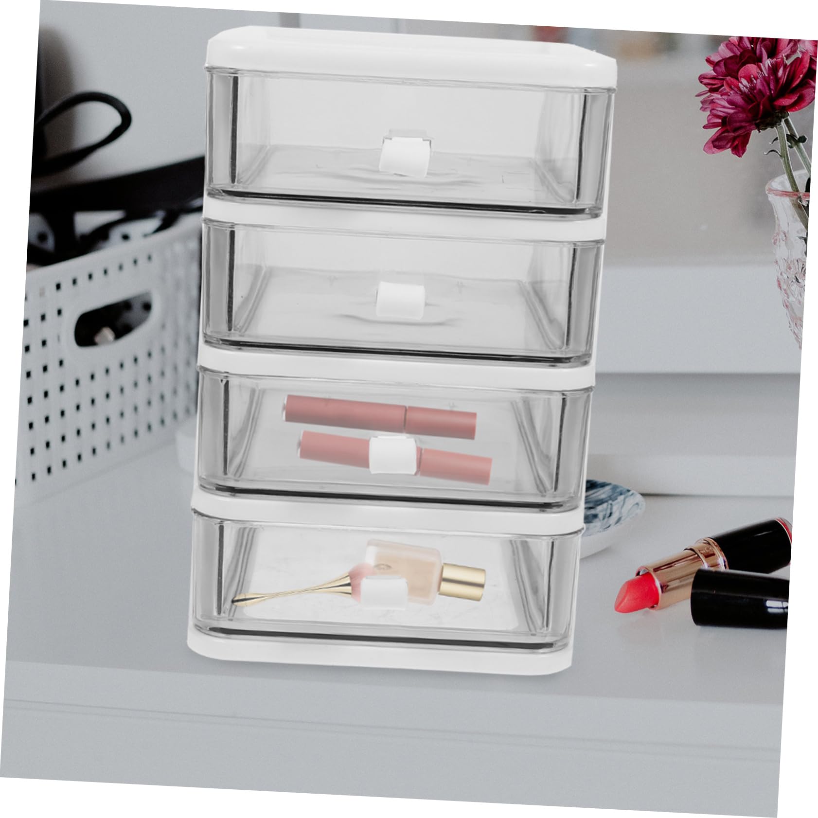 LABRIMP Organizador De Cajones Transparente Pequeño Para Escritorio 4 Capas, Caja De Almacenamiento De Plástico Resistente, Organizador De Papelería y Maquillaje, Compacto Para Uso Doméstico y Oficina