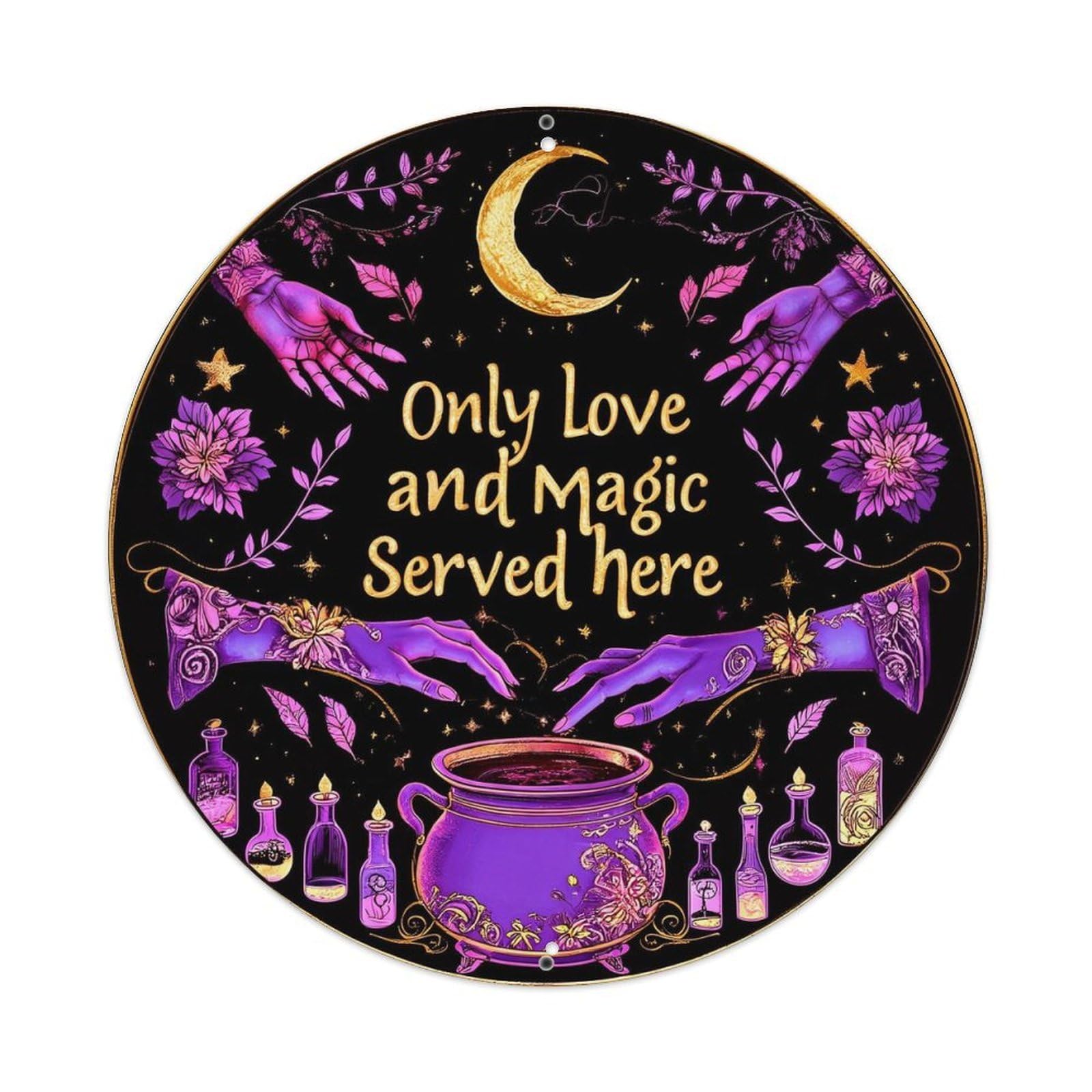 Purple Hands Moon Flowers Cauldron Vintage Round Tin Sign Retro Metal Wall Decor Metal Poster, Home Bar Garage Farmhouse Cafe Wall Art Decoration 8x8Inch