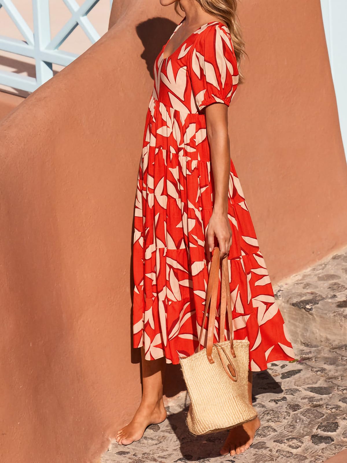 PRETTYGARDEN Short Sleeve Floral Maxi Dresses for Women 2025 Wedding Guest Summer Dress Flowy Beach Vacation Outfits (Orange White Flower,Large)