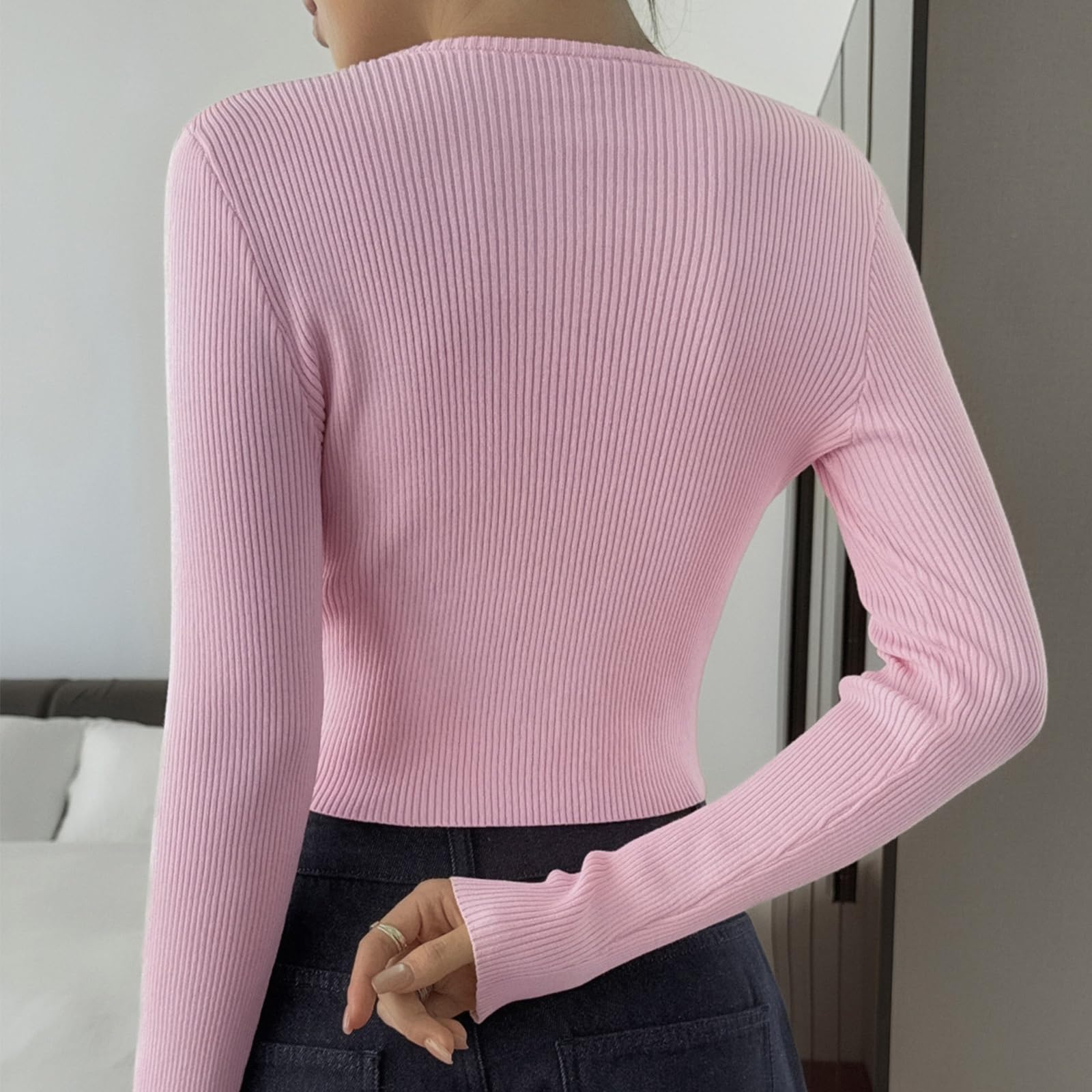Cardigan Femme Court en Côtes Tricoté Casual Veste Chandail à Boutons Manches Longues Style Street Chic