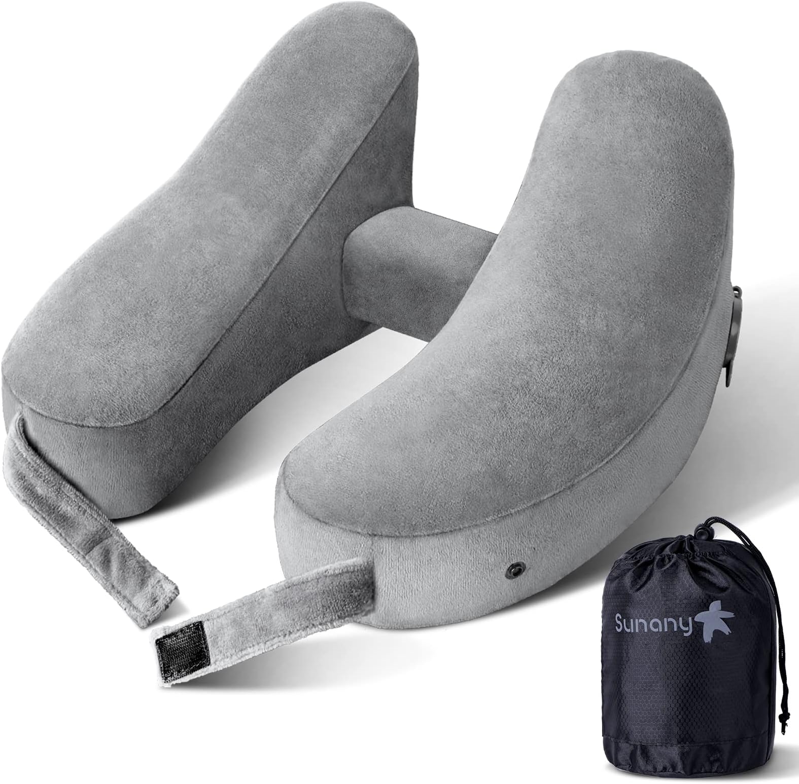 Neck Pillow for Travel Inflatable Airplane Pillow Comfortably Supports Head, Neck and Chin, Inflatable Travel Pillow with Soft Velour Cover and Portable Drawstring Bag (Grey)