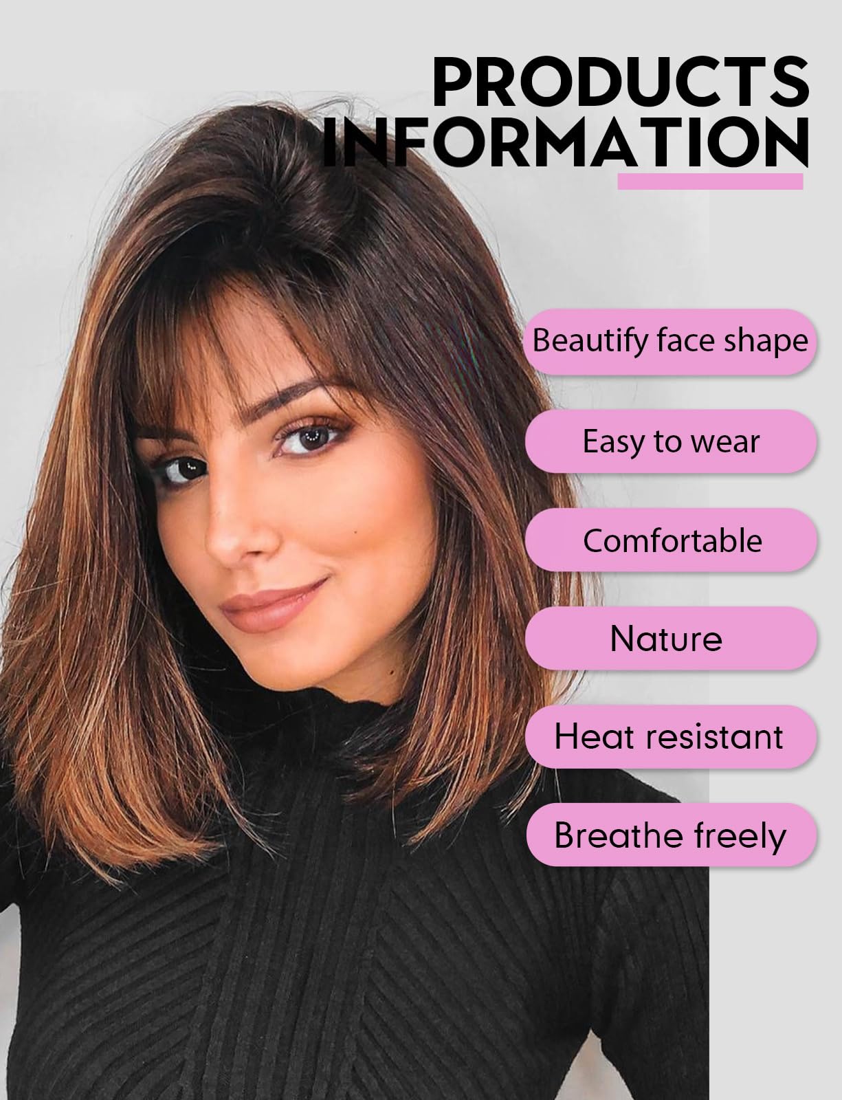 Workstar Brown bob Wigs for Women Synthetic Wig with Fringe, Brown Highlight, 53.3-58.4 cm - Image 2