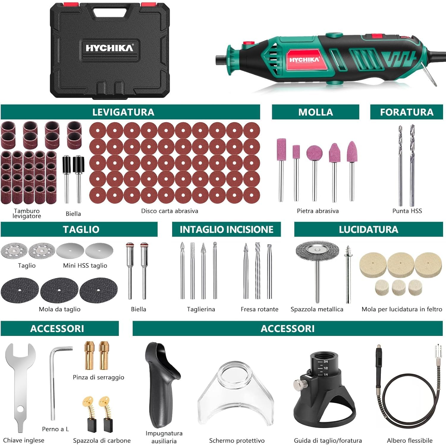HYCHIKA 170W utensile rotante, kit di utensili rotanti a velocità variabile con albero flessibile, kit di accessori da 173 pezzi e multiutensile da 8000-35000 giri al minuto