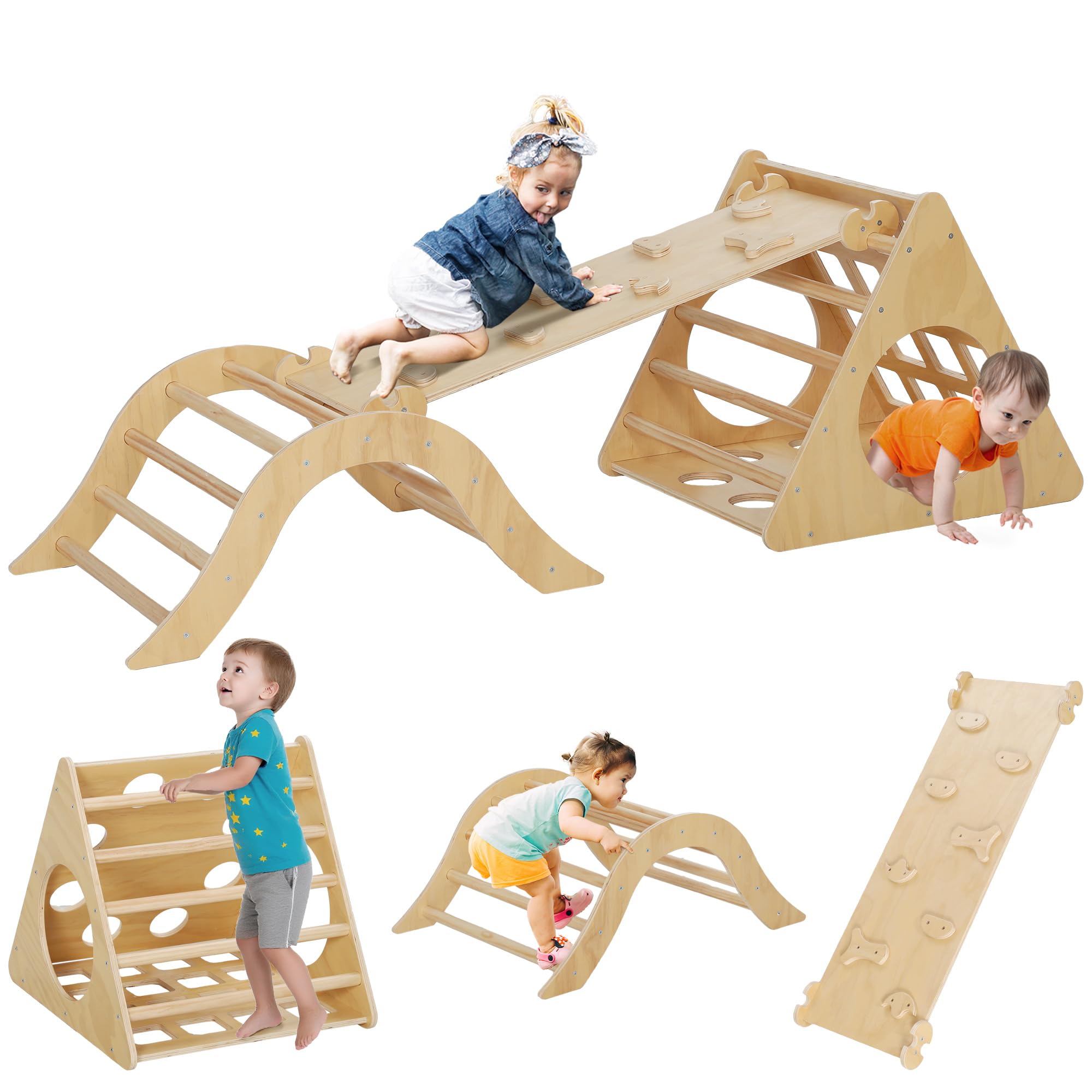 AIYAPLAY 8 en 1 Triángulo de Escalada Montessori con Arco y Rampa Escalada para Niños de Madera de 18-48 Meses con Bolsa de Arena 175x59,5 cm Natural