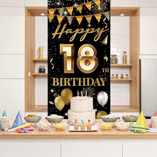 Miniatura 3 de Cartel de puerta de fiesta de cumpleaños número 18, decoración de feliz cumpleaños 18 para niñas y niños, telón de fondo negro dorado para fotos,