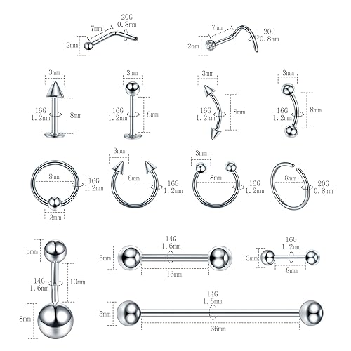Miniatura 2 de Kit de 120 piercings corporales de acero quirúrgico 14G 16G 20G BCR CBR Labret Labret Piercing Piercing Labret Labret Piercing Agujas Guantes