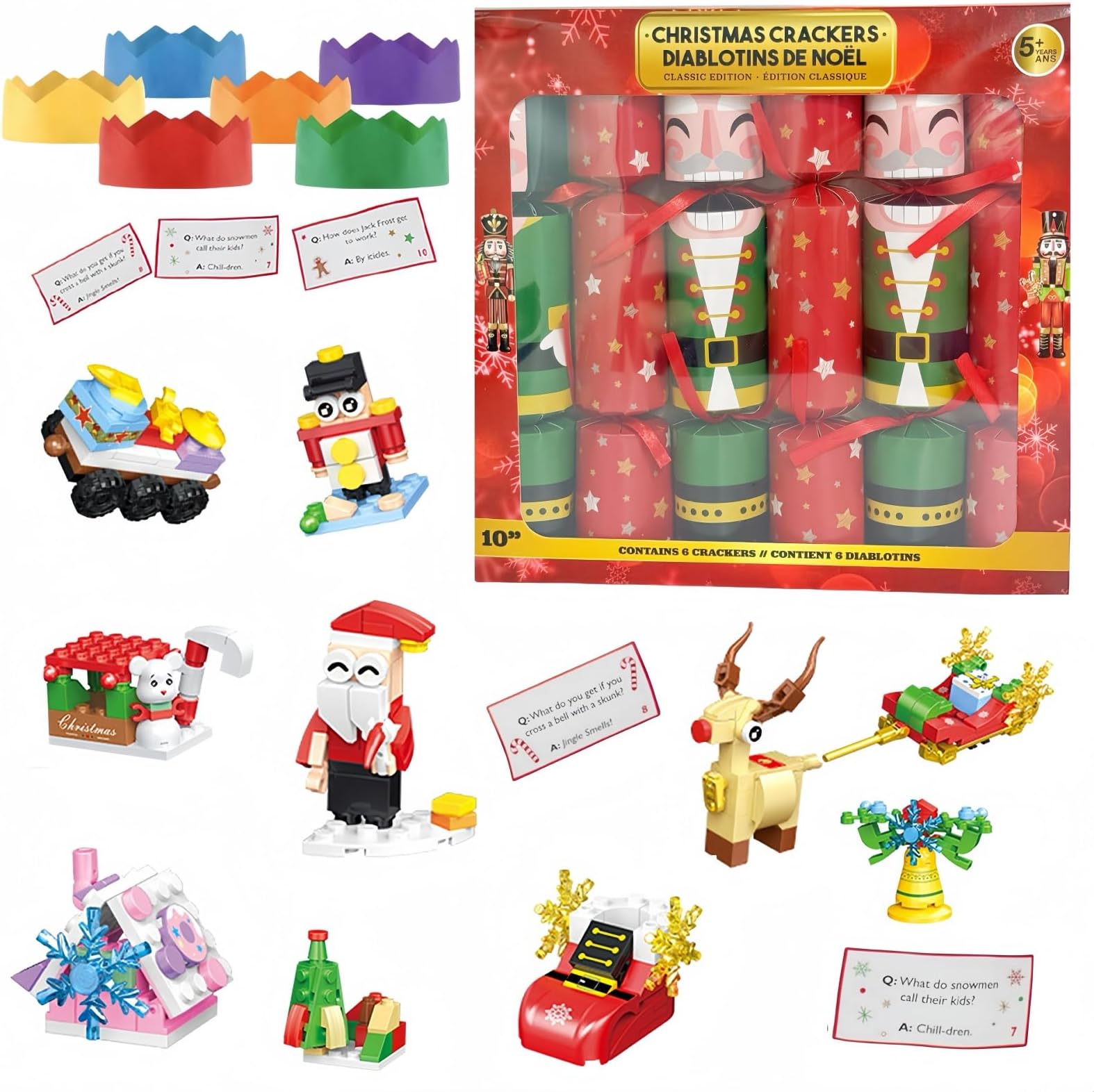 Aisszhao 6 Pack Christmas Party Crackers,Christmas Crackers with Santa's Friends Building Block Xmas Cracker,Luxury Xmas Family Cracker with Novelty Gifts Party Hats