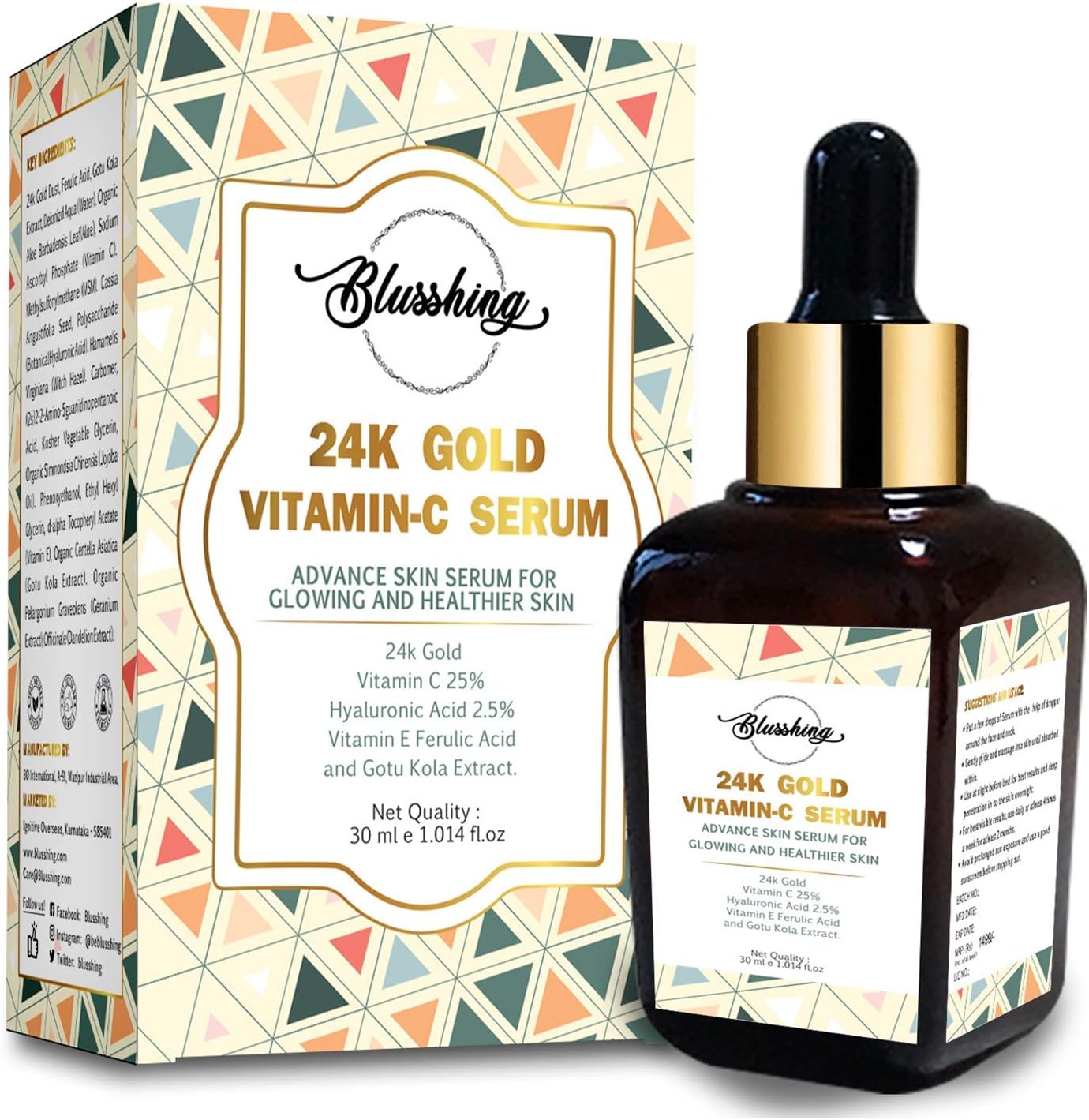 BLUSSHING Premium 24k Real Gold Vitamin C Serum 30ml-For Anti Aging, Lightning, Brightening, Boost Collagen, Whitening .With Hyaluronic Acid, Vitamin E, Glycolic Acid, Gotu Kola And Aloe Vera.