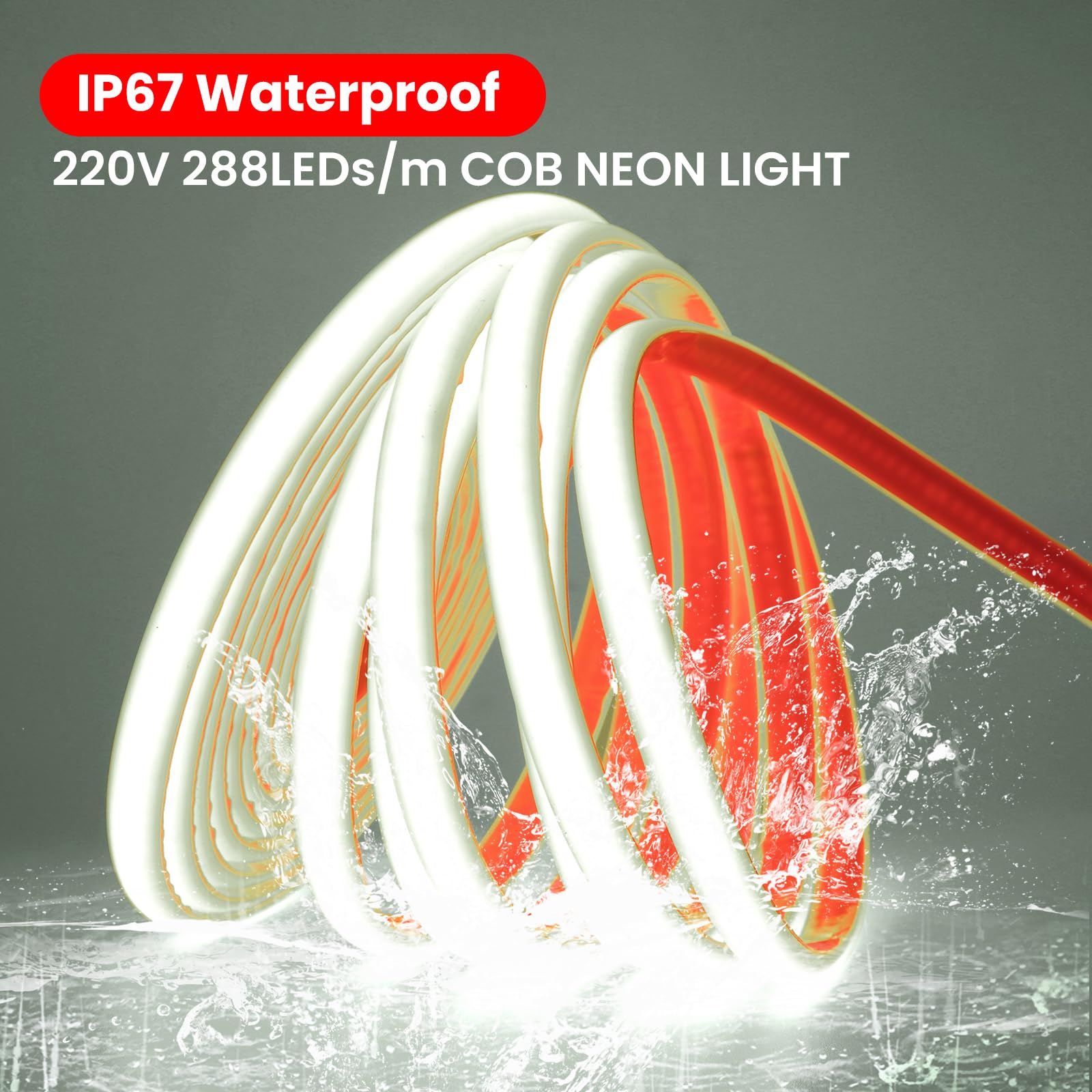 220V Tira LED neón COB de silicona con encendido/apagado [50M,Blanco 6000-6500K],flexible e impermeable IP65,288 LEDs/m Tira LED FCOB recortable CRI85+,iluminación para hogar/tienda