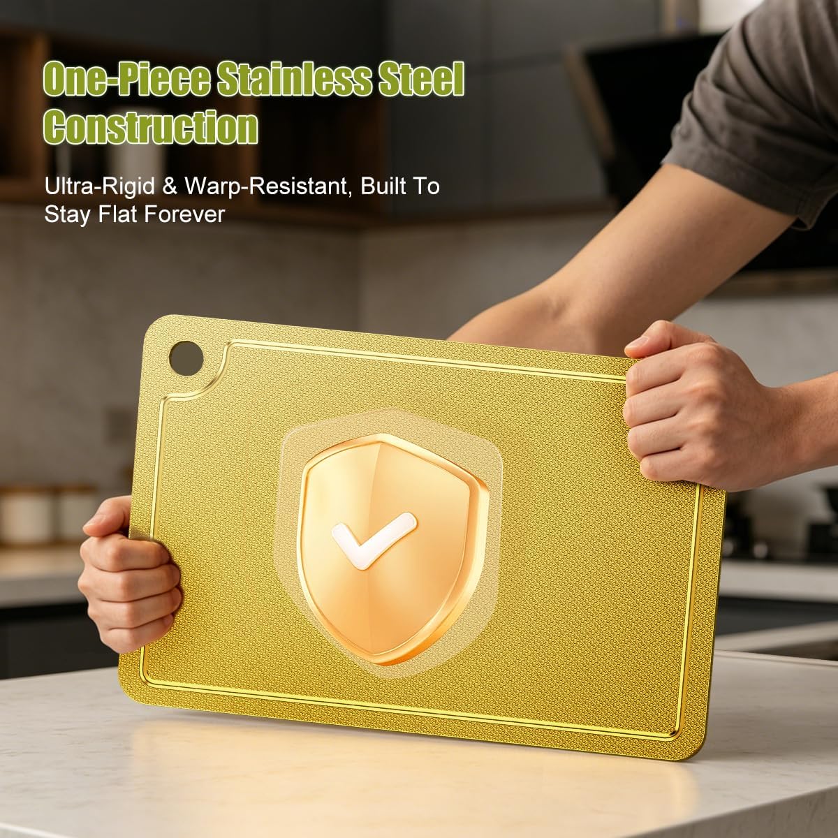 Titanium Cutting Board with Juice Groove, Gold Stainless Steel Chopping Board for Kitchen, Non-Slip & Easy-Clean Meat and Vegetable (13.4" x 9")