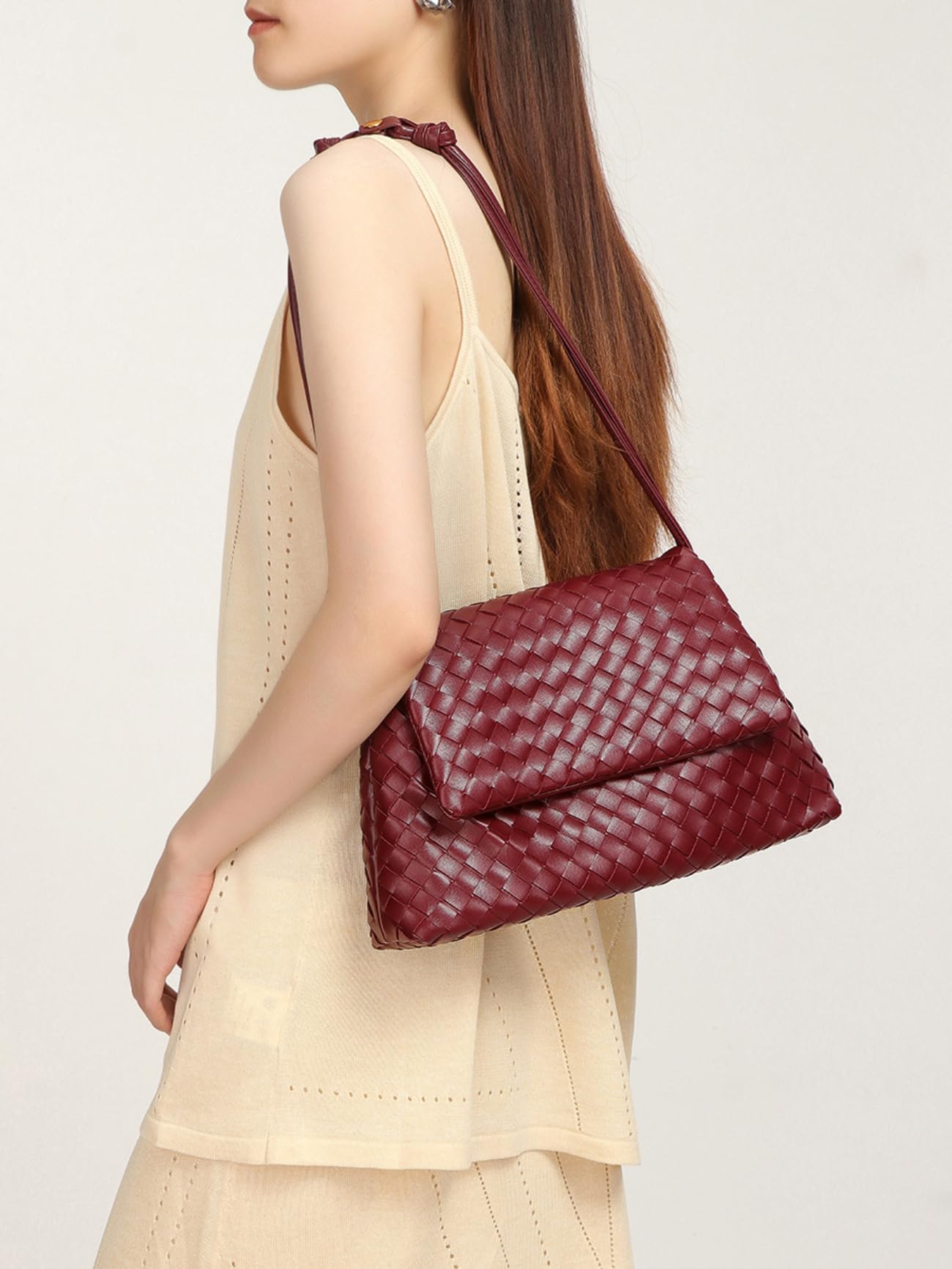 Borsa Hobo Intrecciata Per Donna in PU, Borsa A Spalla Con Patta Magnetica, Tracolla Regolabile Grande Capacità Per Uso Quotidiano Lavoro E Shopping
