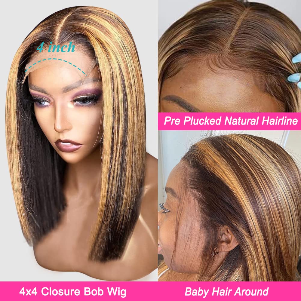 Bob Wig - Human Hair, Highlight Ombre, Honey Blonde, 4x4 Lace Front, Straight, 150% Density, 14 inch