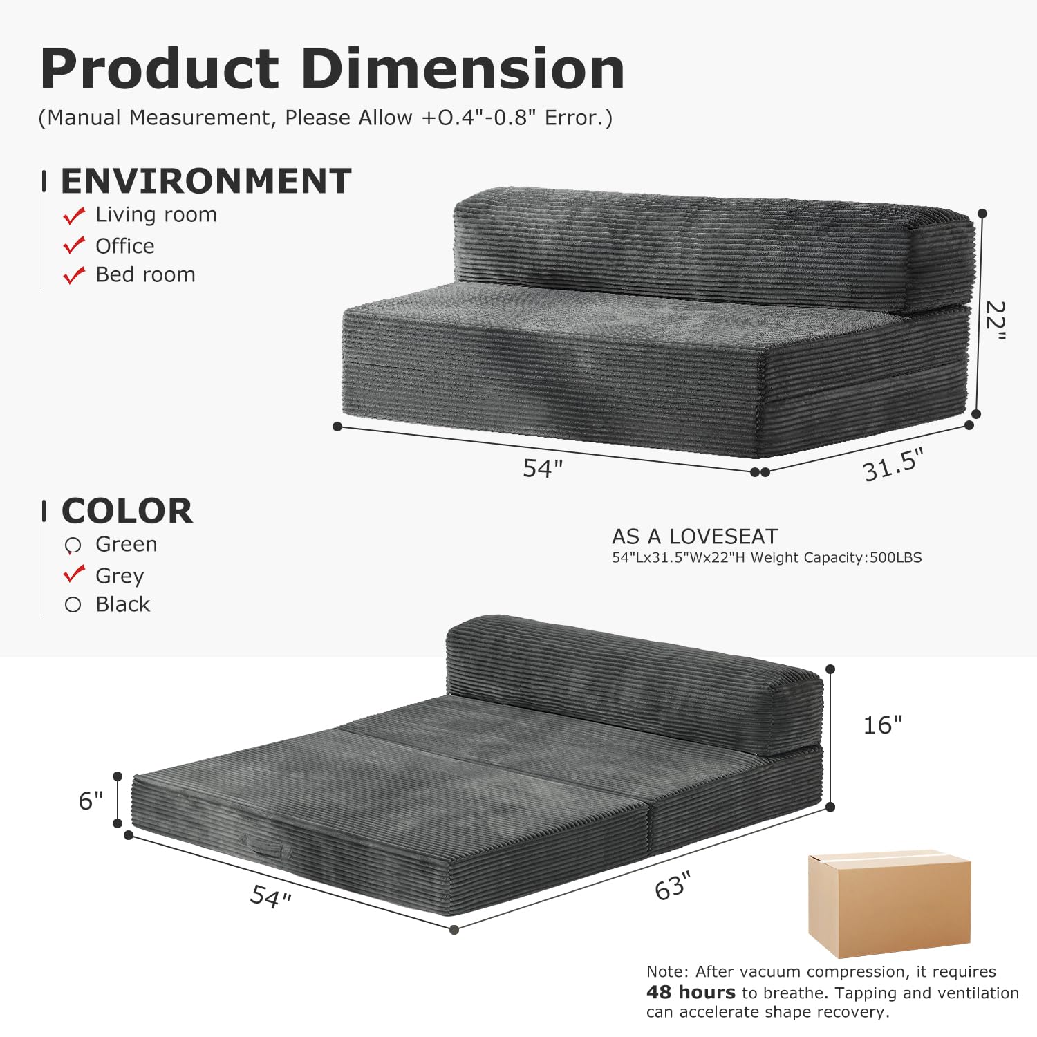 Folding Futon Sofa Bed Full Size, 6 inch Convertible Floor Couch Bed with Removable Corduroy Cover, Pull Out Couch for Small Spaces High-Density Foam,Grey