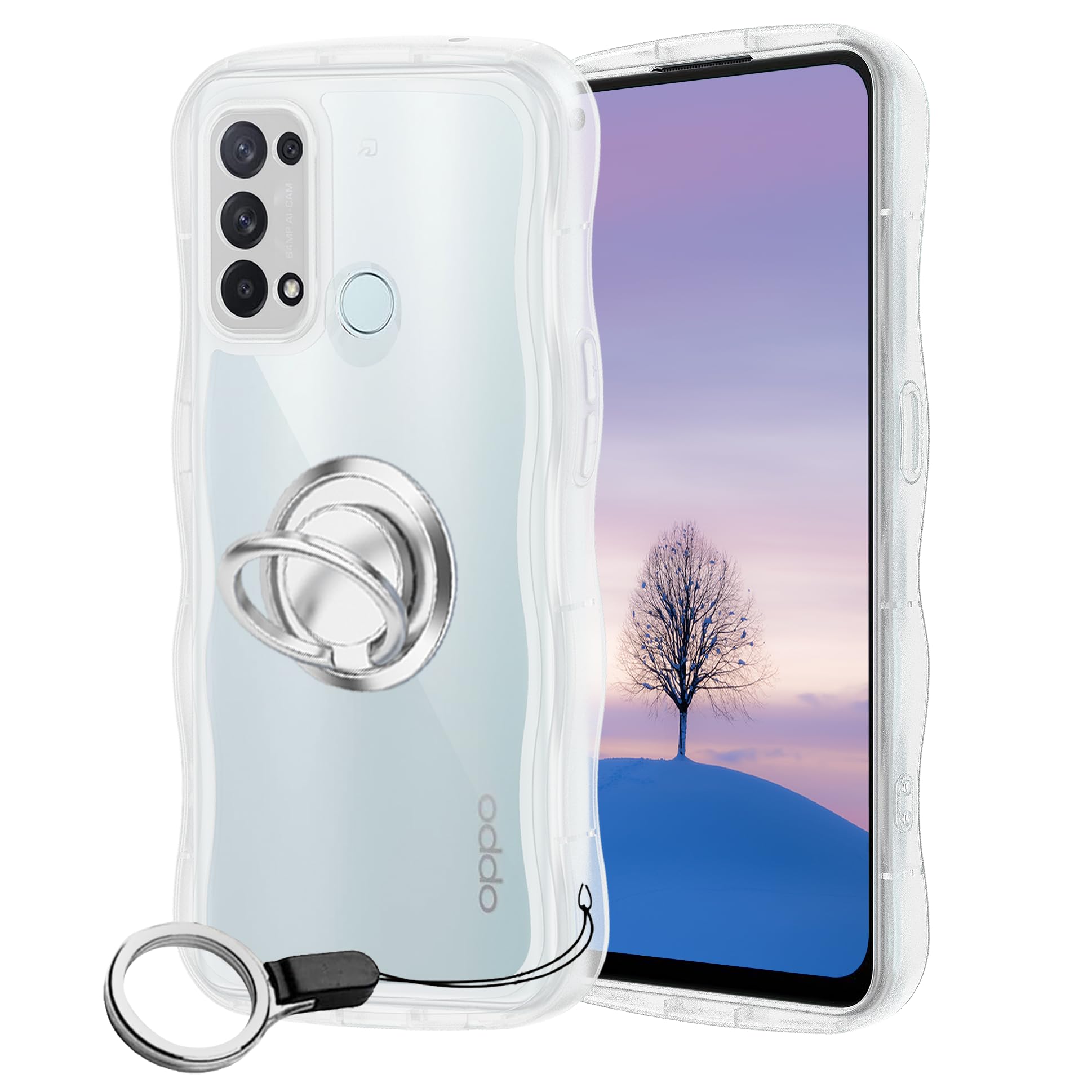 OPPO Reno5 A ケース クリア ウェーブ リング付き TPU波状のバンパー 透明 スマホケース かわいい うねうね オッポ Reno5A ウェーブ デザイン 可愛い 韓国 女性用 薄型 人気 おしゃれ 耐衝撃 ストラップホール付き(クリア)