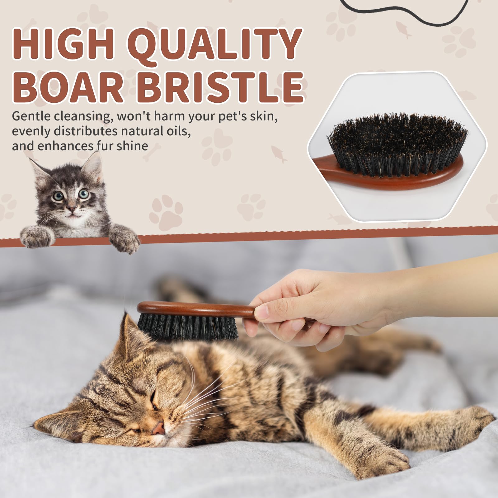 Cepillo y peine de madera para gatos, cepillo de pelo de gato con cerdas de jabalí náutrales para reducir el desprendimiento y mantener el brillo saludable, herramienta diaria de aseo de