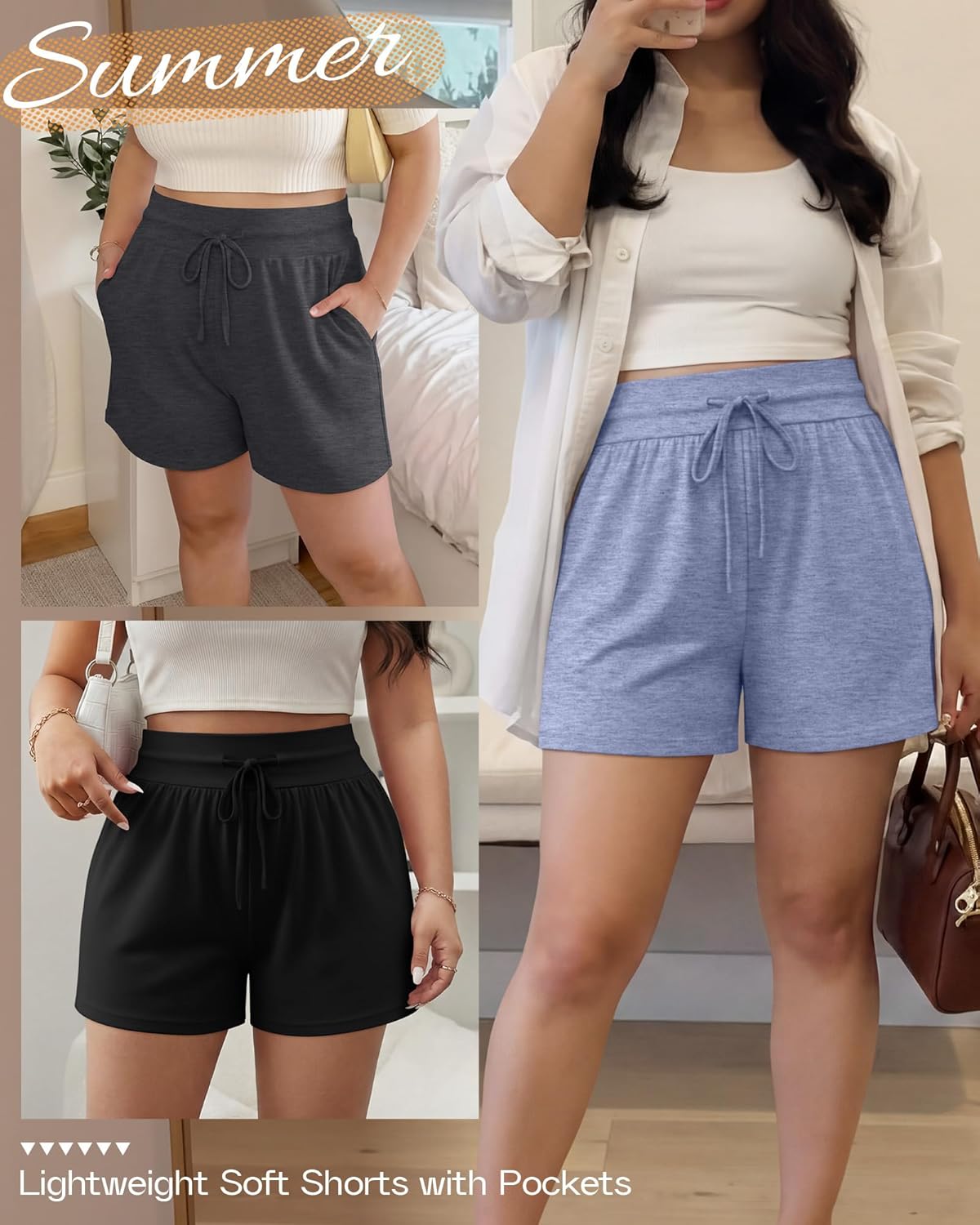 Neer 3 Pack Women's Plus Size Sweat Shorts, Drawstring Lounge Shorts Casual Summer Lightweight Soft Shorts with Pockets - Image 4
