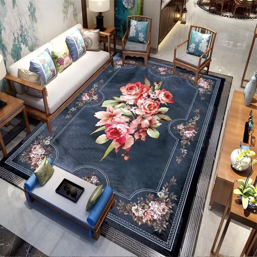 Tapis salle a manger vintage floral rouge et bleu 120x180