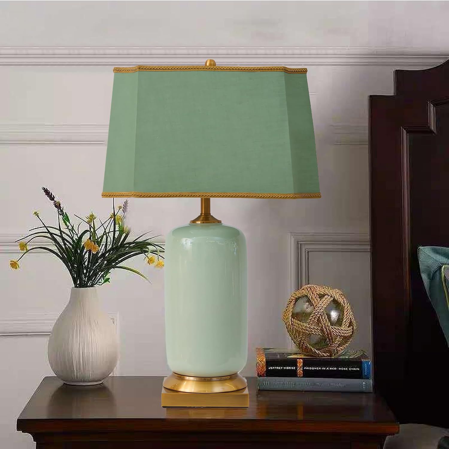 SOMINA 24.8” Green Ceramic Table Lamp with Rectangular Fabric Shade Gold Base Chinoiserie Design LED Light Modern Bedside Nightstand for Bedroom Living Room Office