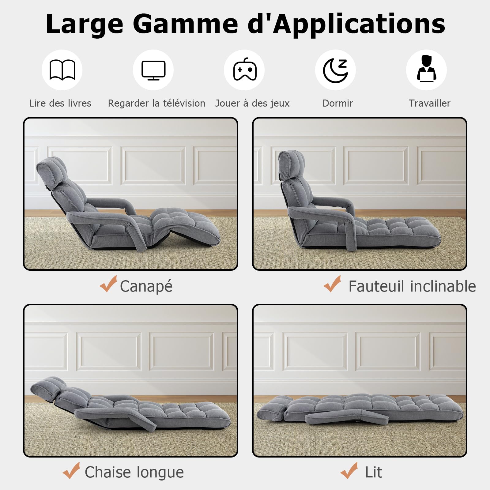 GOPLUS Fauteuil de Sol Pliable à Accoudoirs avec Tête, Dossier et Pieds Ajustables, Chaise de Sol Multifonctionnel pour Lecture, Yoga, Méditation, Canapé Paresseux Rembourré Charge 120KG (Gris)