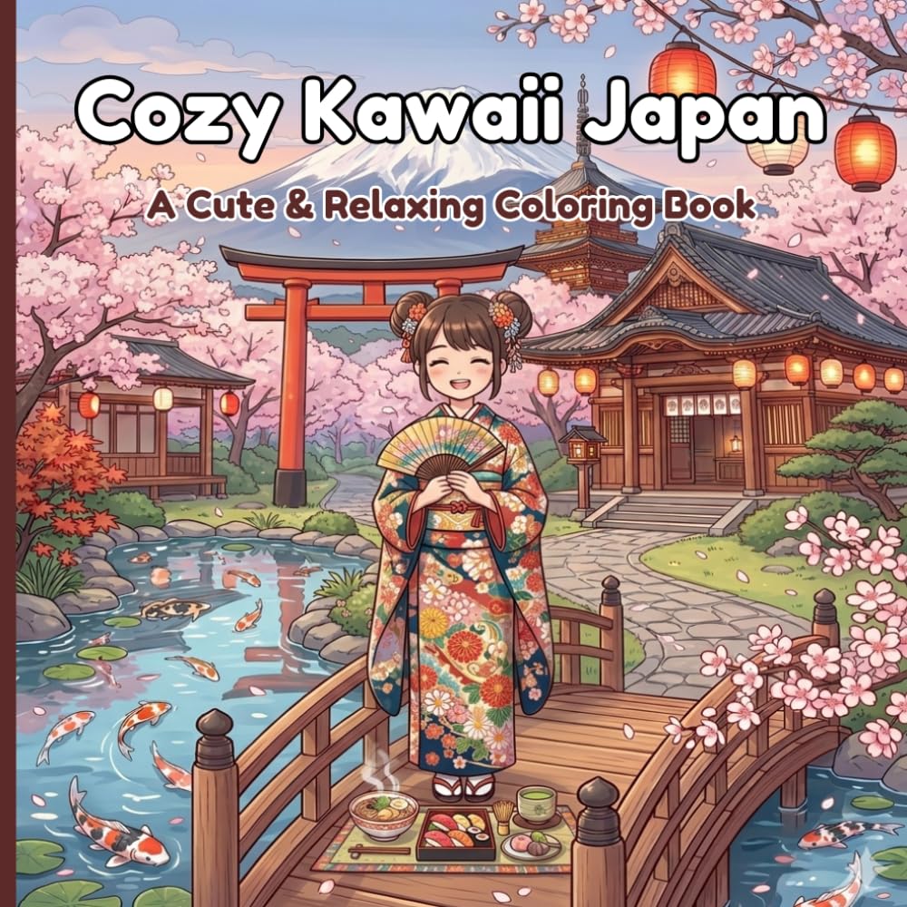 Cozy Kawaii Japan: Cute Coloring Book for Adults & Kids with Adorable Cats, Japanese Food, Daily Life & Relaxing Scenes (66 Easy Pages)