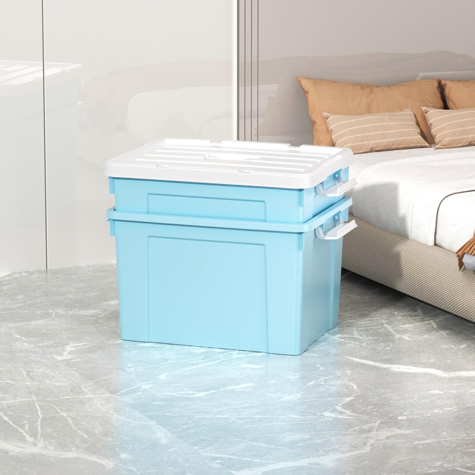 Cetomo 45L*3 Boîte de Rangement, Bac de rangement avec Poignée, Plastique Organisateur avec Couvercle, Empilable, Transportable, pour Vêtements, Bureau, Chambre, Dortoirs, Bleu, 45L - Lot de 3