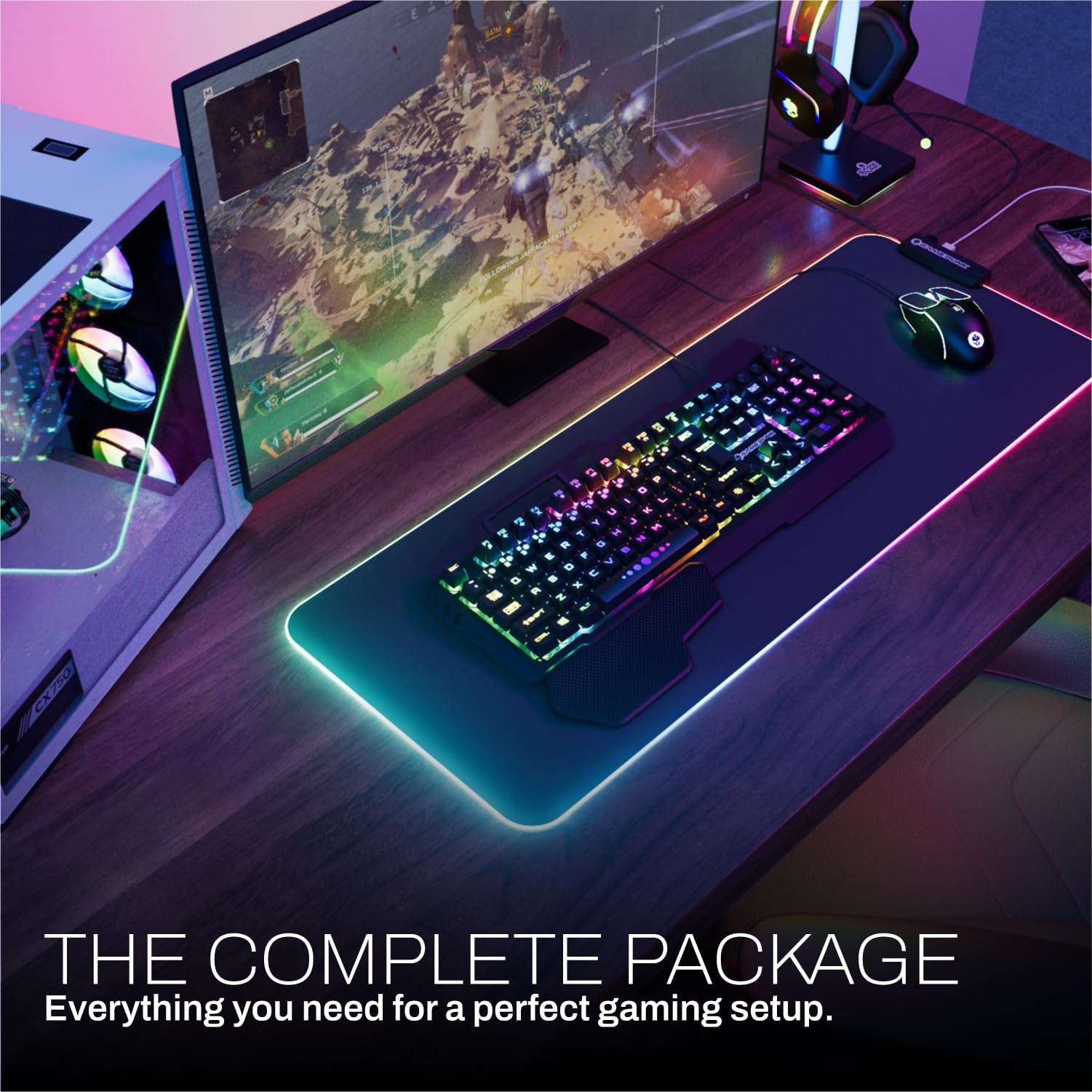 GAME PUNK Set di 6 pezzi Codebreakers RGB Gaming - Tastiera meccanica, mouse RGB e tappetino per mouse XL Hub USB, cuffie da gioco con supporto, striscia luminosa - Accessori per giochi per PC desktop