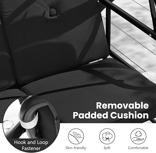 Miniatura 7 de HAPPYGRILL Columpio de porche para exteriores de 3 asientos, 2 en 1 con toldo ajustable, cojines extraíbles, almohadilla para los pies, pasamanos