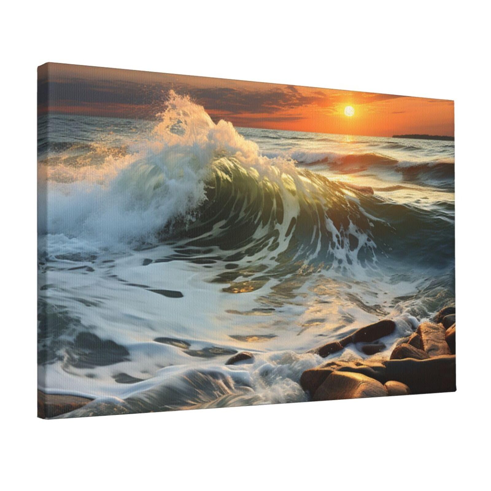 Canvas Wall Art for Living Room Wall Decor 12"x18" Modern Artwork Painting Pictures Hanging Canvas Prints Rocky Wave Sunset Painting Aesthetic Wall Art for Bedroom Bathroom Office Wallart Decor