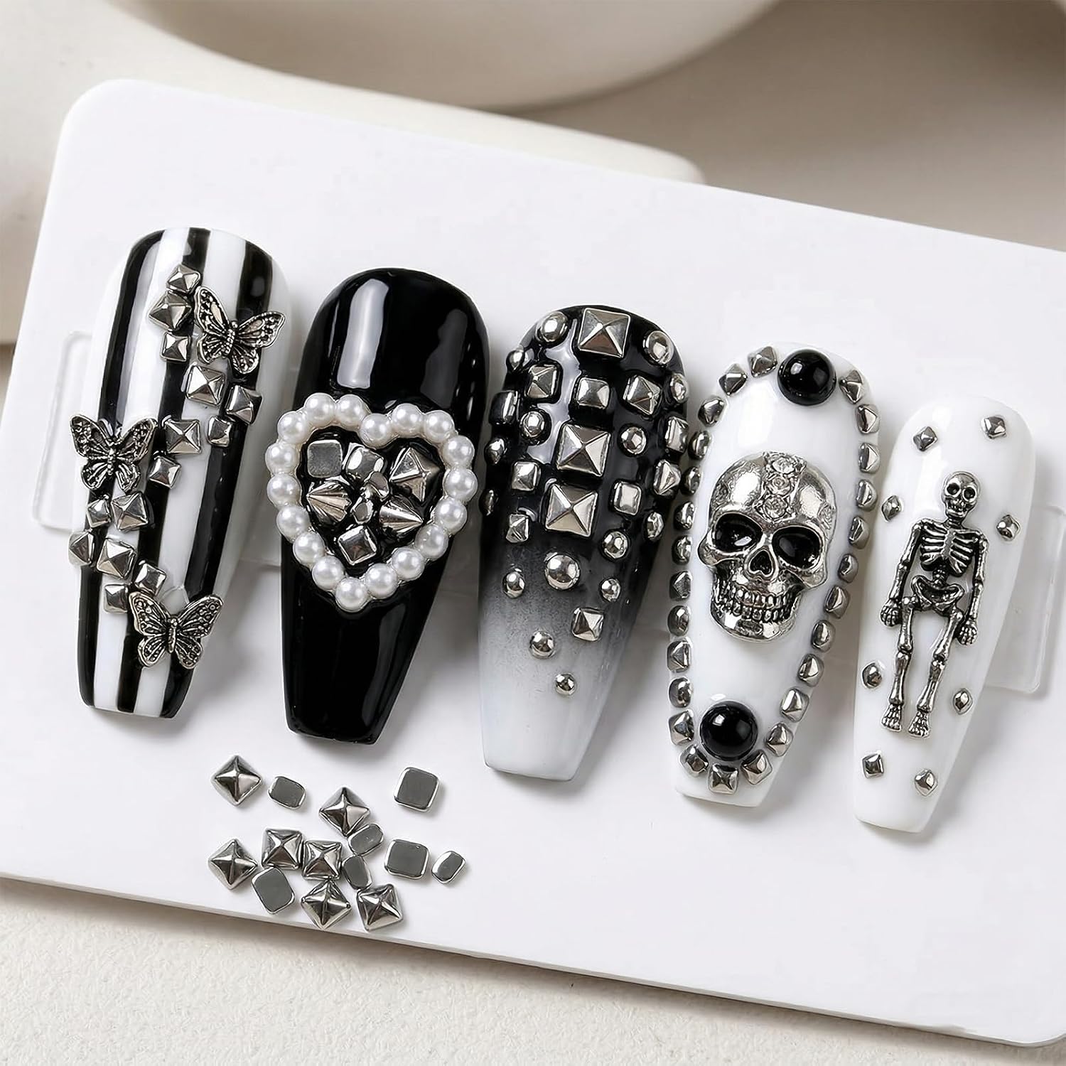 600Pcs Silver Square Spire Nail Charms, Punk Pyramid Nail Charms for Acrylic Nails, Gothic 3D Silver Metal Rivet, Spike Nails Rivets for Women NailArt, Cone Studs (3 Sizes)