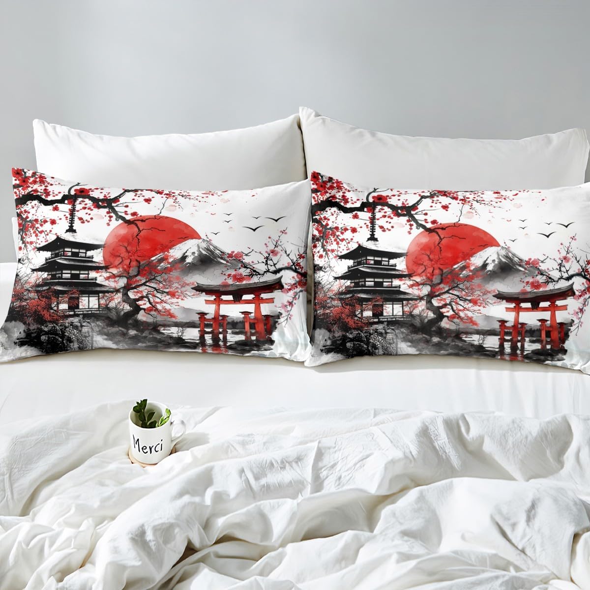 jejeloiu Japanese-Style Comforter Cover Toddler Kids Cherry Blossoms Building Bedding Set for Boys Girls Sunset Fuji Mountain Decor Spring Sakura Flower Duvet Cover Room Decor (No Comforter)