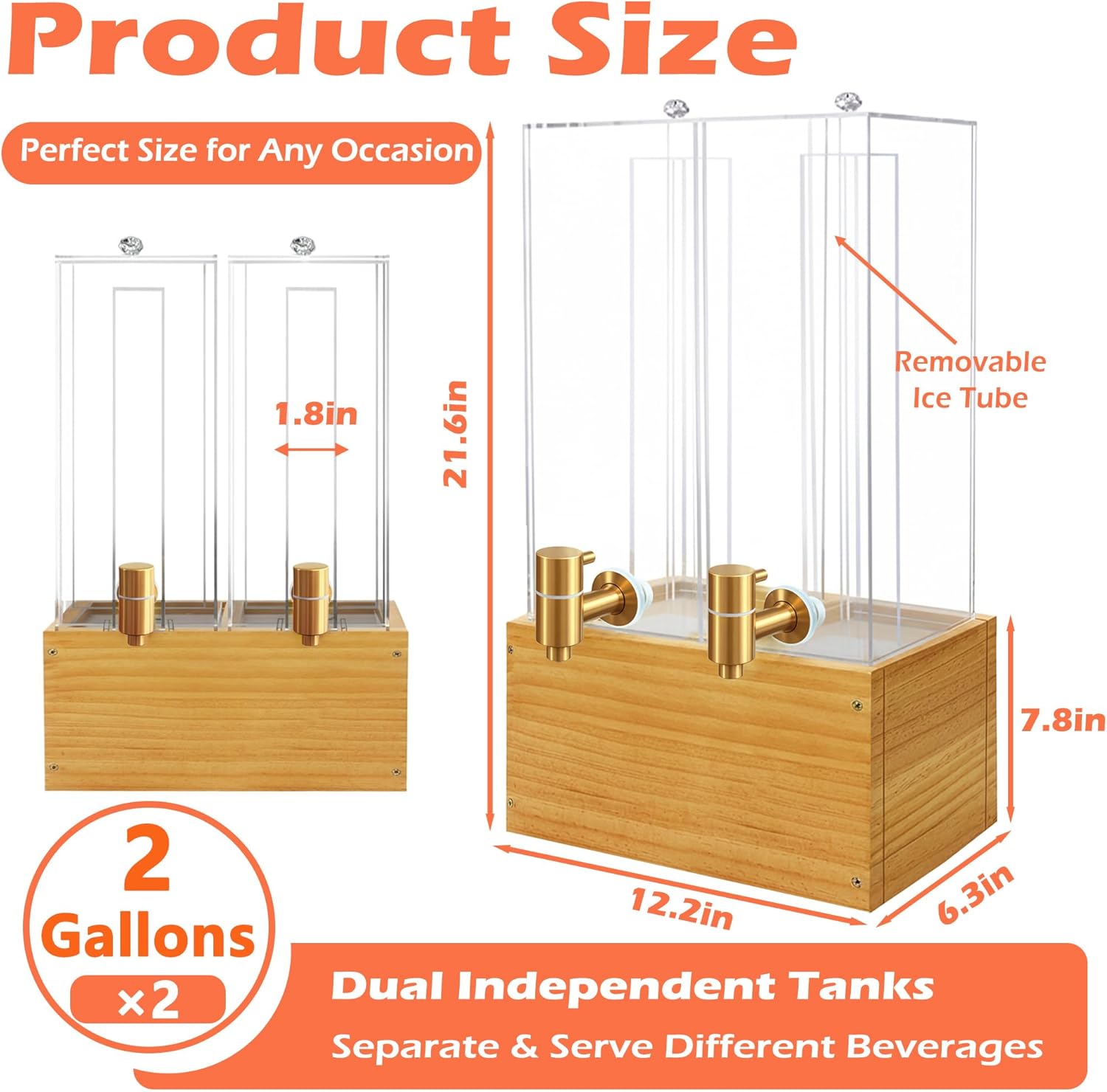 Beverage Dispenser with Stand, 4 Gallon Dual Drink Dispenser Stand, Large Drink Dispenser for Party, Wood Stand